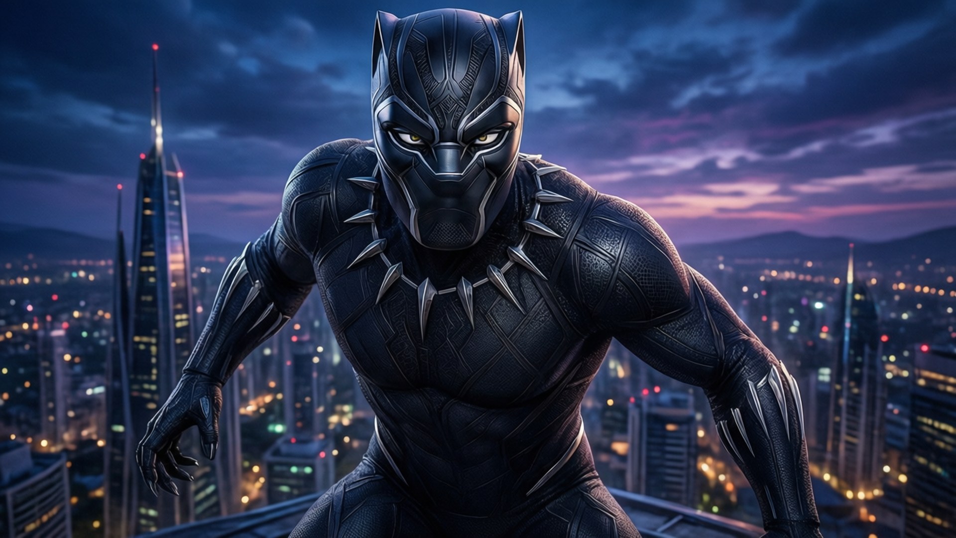 Black Panther Marvel 桌布 壁紙 — 黑豹站在屋頂上，俯瞰著暮色中閃爍的城市景觀，天空呈現戲劇性的紫色和藍色。