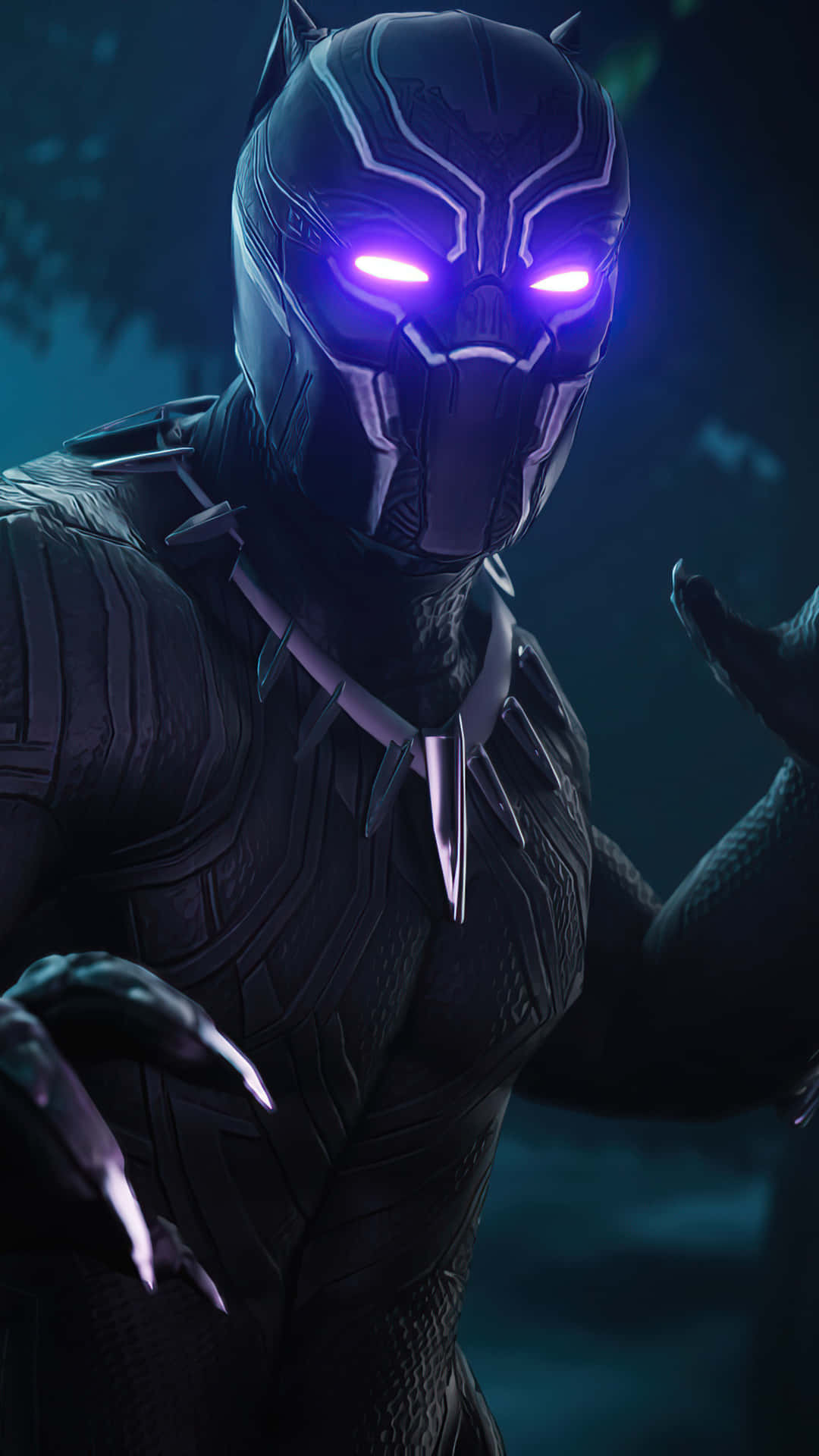 黑豹在黑暗森林中，擁有發光的紫色眼睛和黑色套裝。 — Fortnite 壁紙