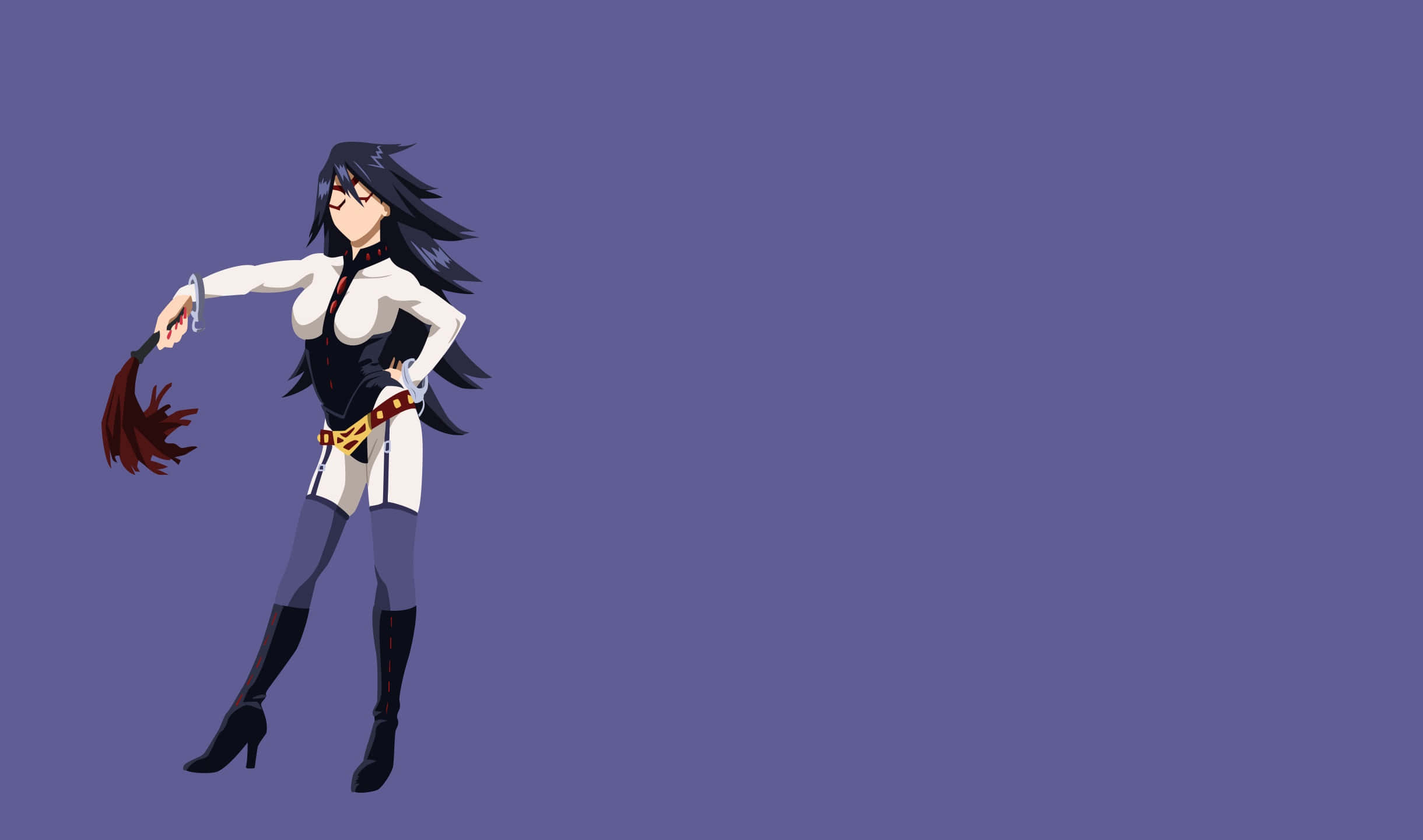 白衣動漫角色在紫色背景上手持紅色鞭子。 — 3440X1440 壁紙