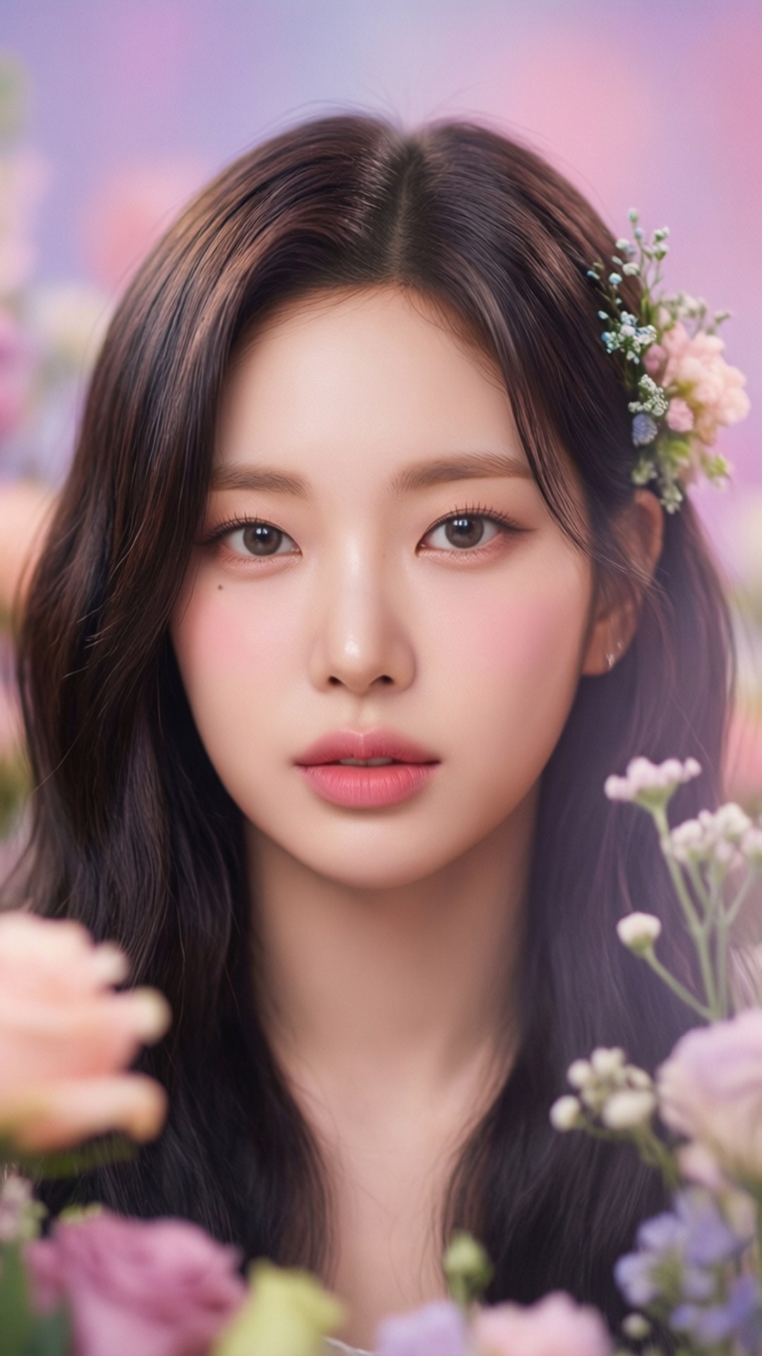 黑髮戴花冠的年輕女子，被柔和粉彩花朵環繞 — Twice 壁紙
