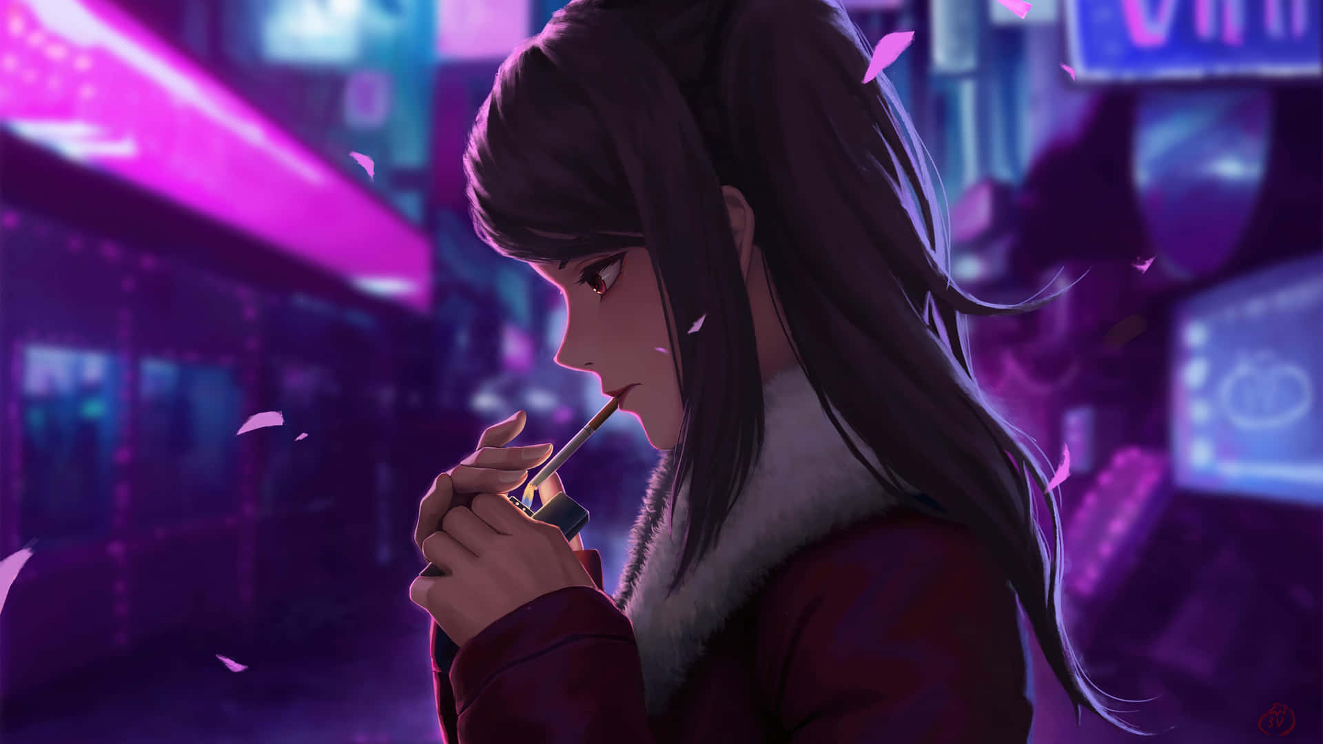 動漫女孩在霓虹小巷抽煙，粉紅花瓣飄落。 — 夜景城市 壁紙