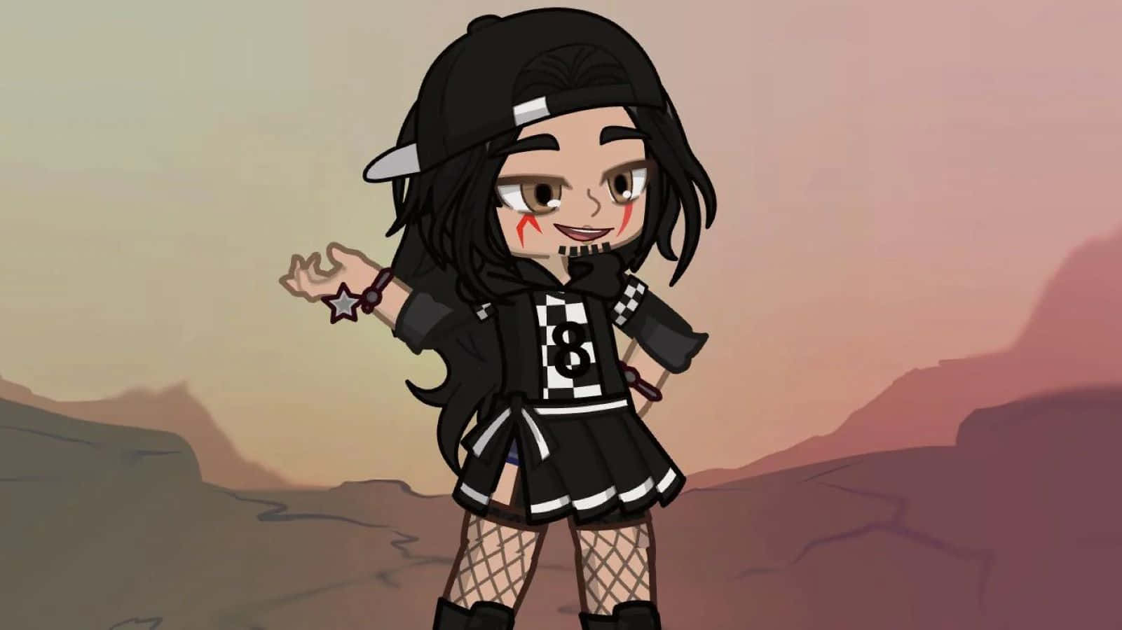  壁紙 — 一個黑髮穿著格子衫的chibi動漫女孩在日落沙漠自信地站著。