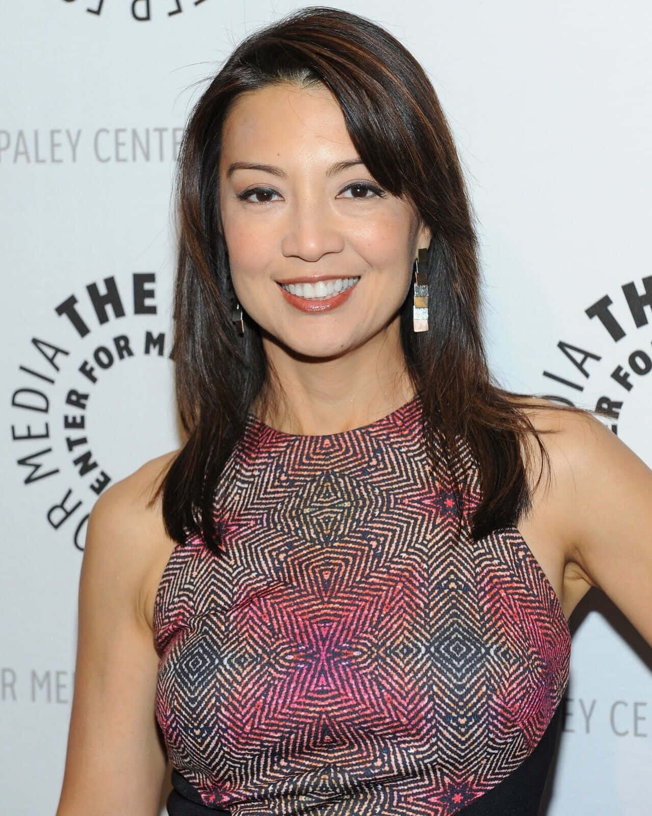 Ming Na Wen 桌布 壁紙 — 一位黑髮微笑的女性在媒體中心活動中穿著幾何圖案上衣。