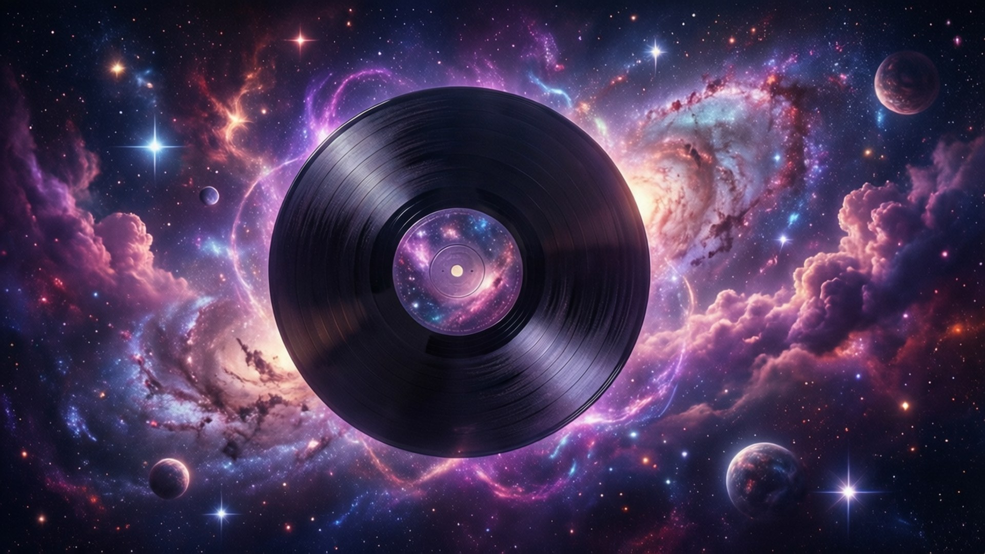 vinyl 桌布 壁紙 — 一張黑膠唱片漂浮在充滿活力的宇宙星雲中，有旋轉的紫色、粉紅色和藍色雲朵以及遙遠的星星。