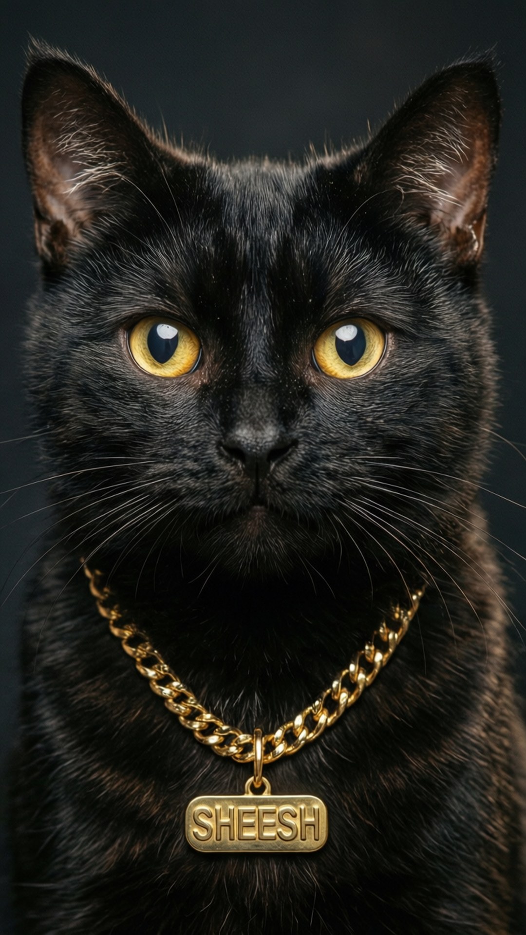 Sheesh Cat Bling 壁紙 — 一隻黑貓擁有引人注目的黃色眼睛，戴著一條帶有 'SHEESH' 標籤的金鏈項鍊，背景為深色。