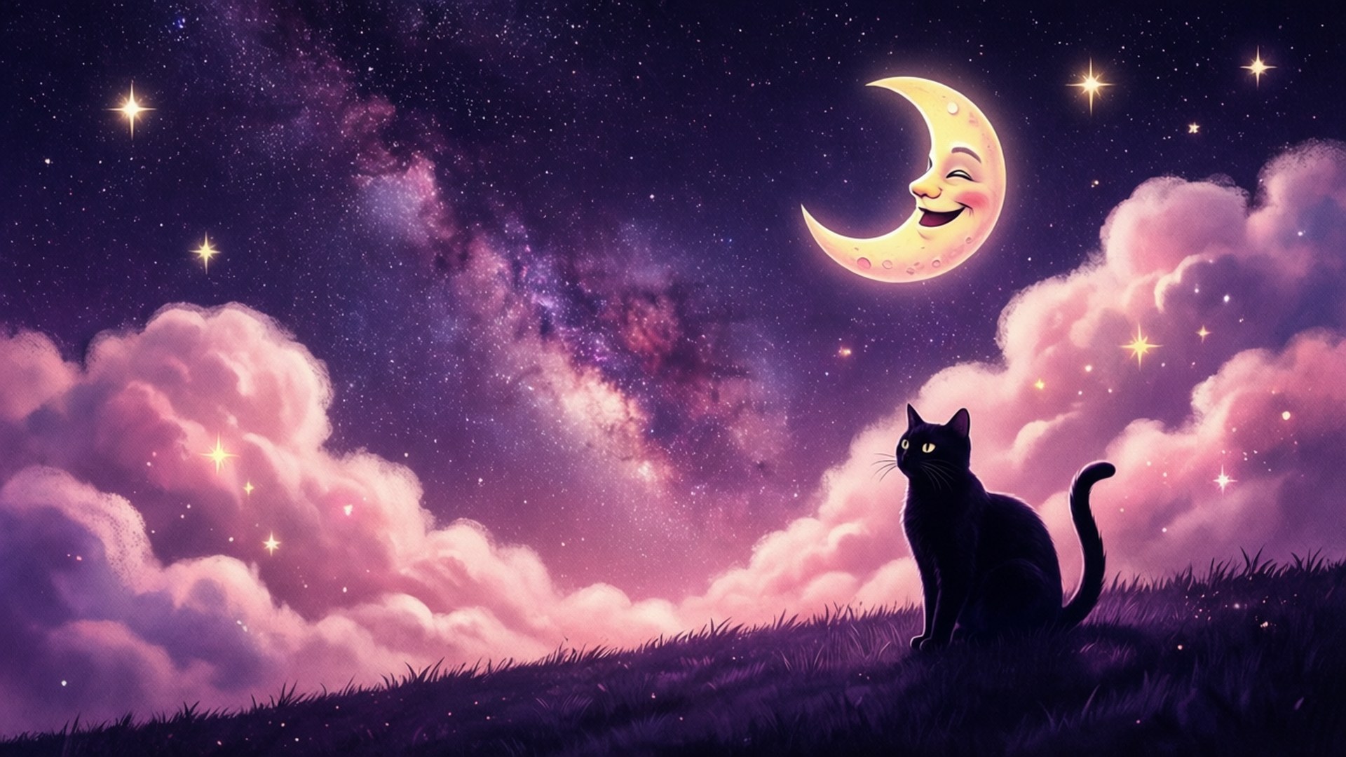 Galaxy Cat Dreams 壁紙 — 一隻黑貓坐在長滿草的山丘上，凝視著夢幻紫色天空中微笑的彎月和閃爍的星星。
