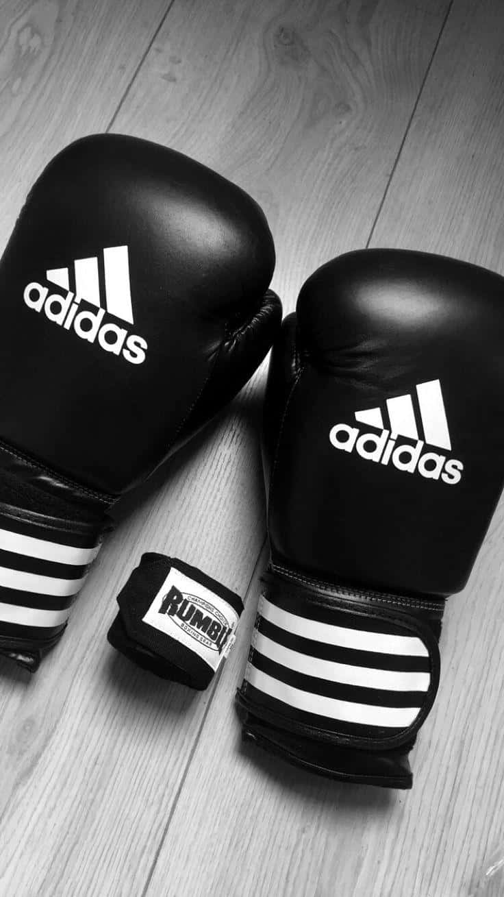  壁紙 — 黑色Adidas拳擊手套帶有白色條紋，放在淺色木地板上，呈單色調。