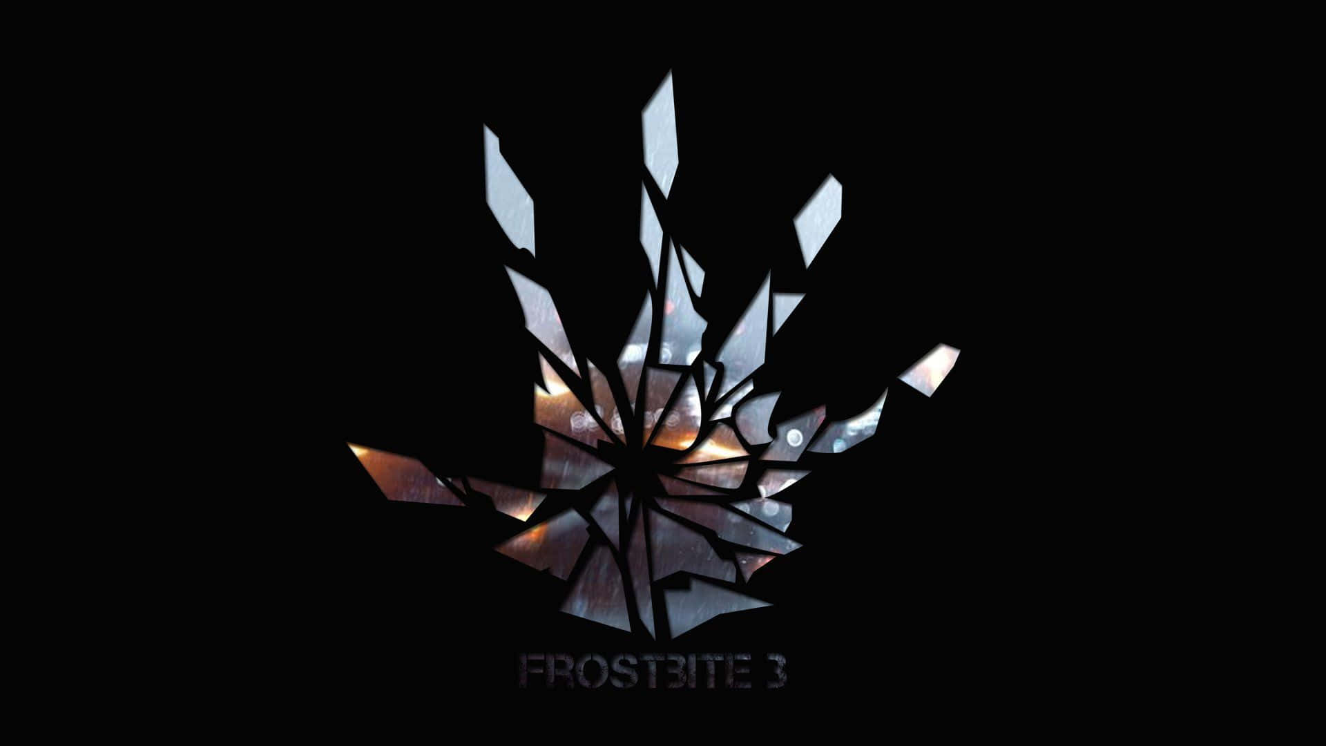 Frostbite 桌布 壁紙 — 黑色背景上帶有發光橙色和藍色碎片的破碎玻璃效果，文字為 Frostbite 3。