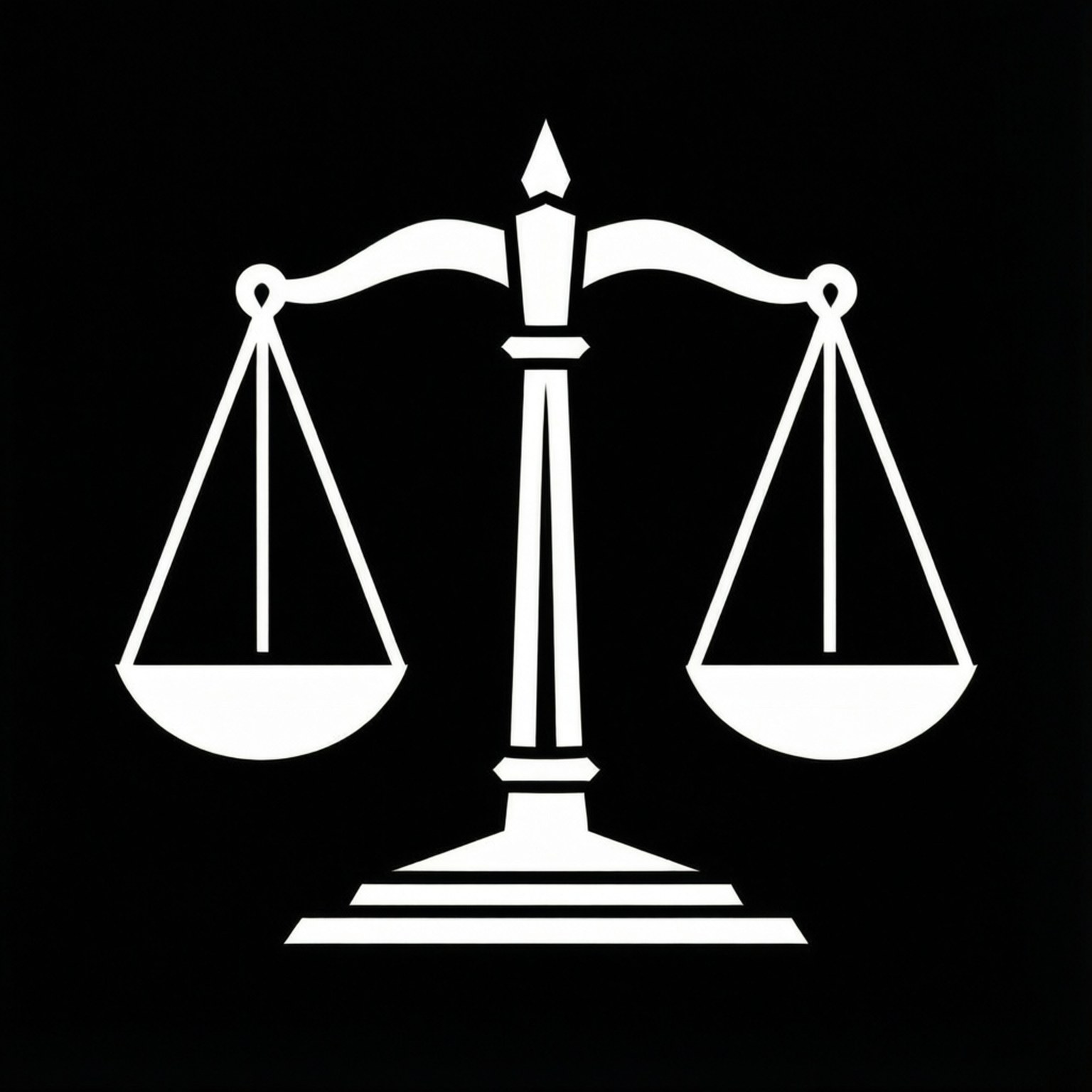 Candor Scales Monochrome 壁紙 — 一個清晰的白色的平衡正義天秤剪影，居中於純黑色背景上。