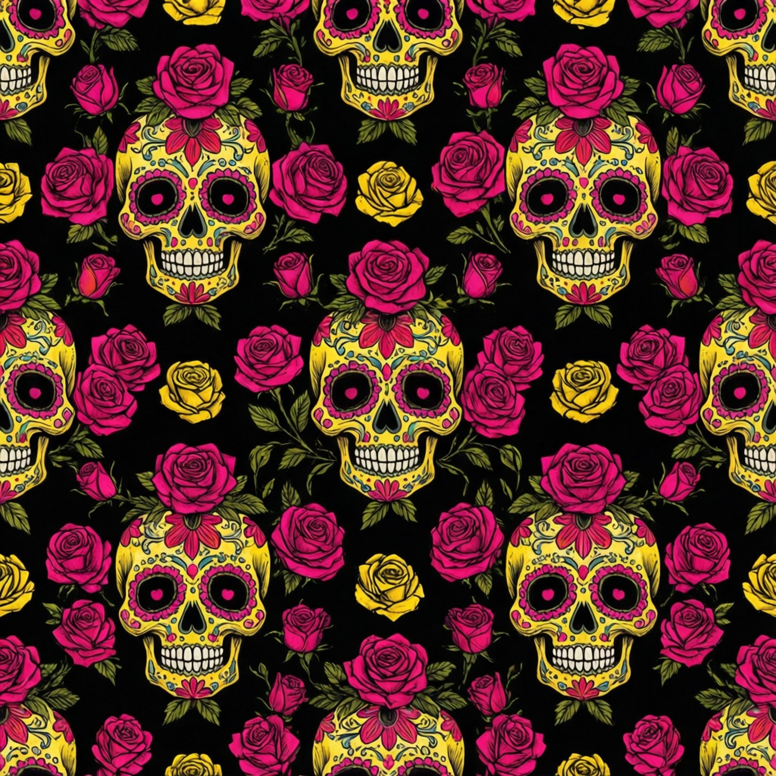 Chicano Sugar Skull Pattern 壁紙 — 黑色背景上，鮮黃色糖骷髏頭，粉紅色眼睛和花卉圖案，周圍環繞著洋紅色和黃色玫瑰。