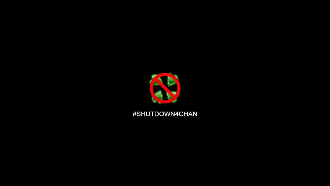  壁紙 — 黑色背景上一個發光的綠色Xbox標誌被紅色劃掉，下方有hashtag shutdown4chan。