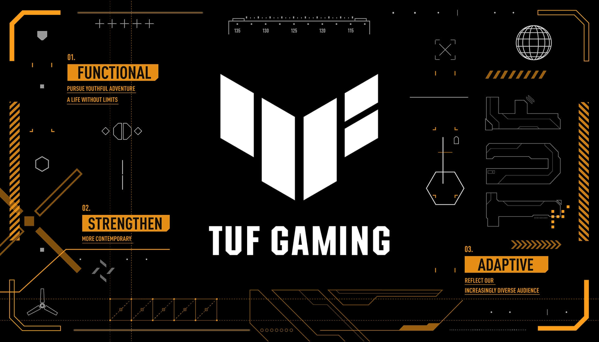  壁紙 — 黑色背景上有一個白色TUF Gaming標誌，周圍環繞著橙色未來風格的HUD元素和文字。