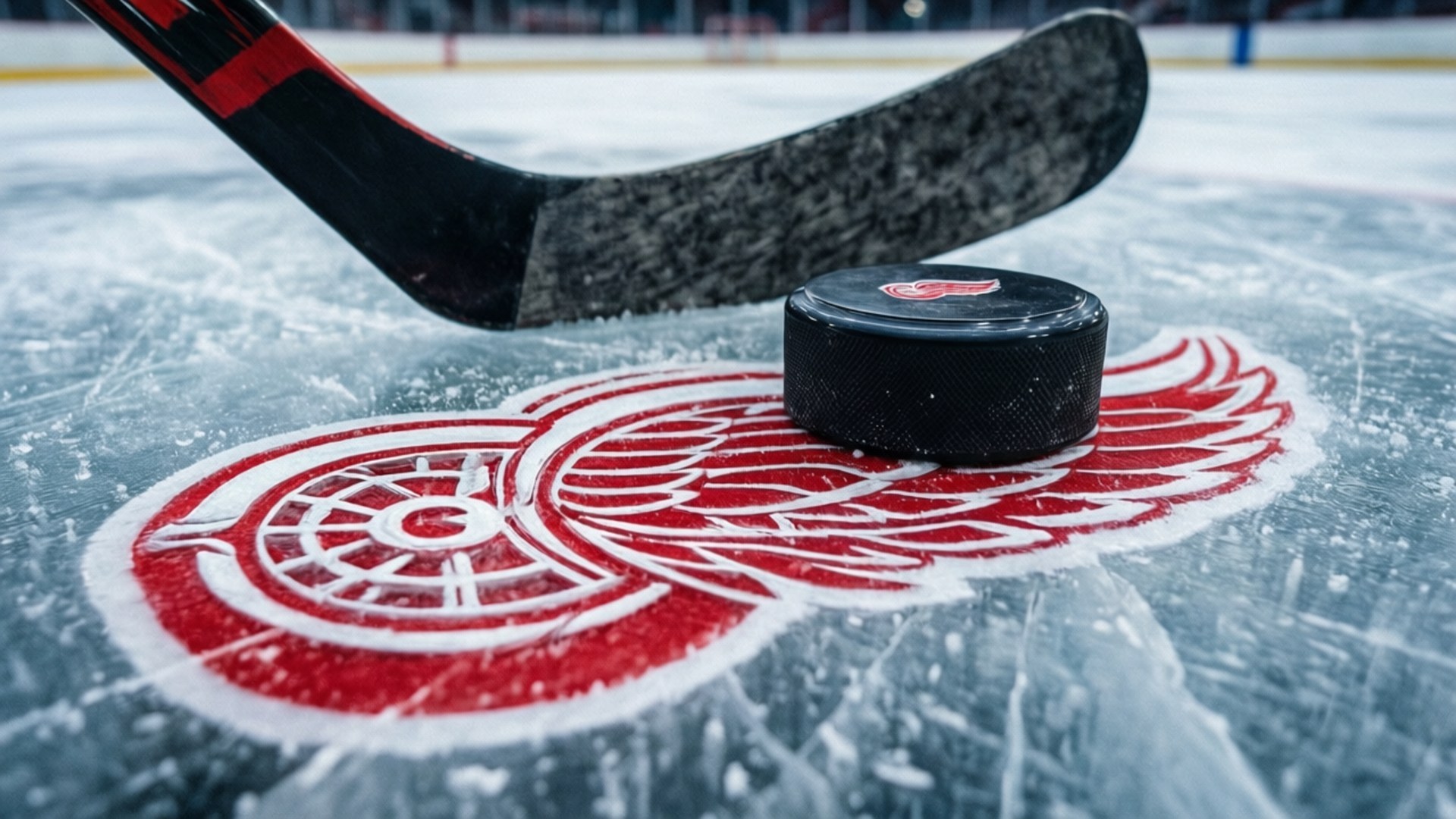 Stick and Puck 壁紙 — 一個黑色冰球放在有刮痕的冰場上，底特律紅翼隊的紅白標誌上，附近有一根冰球桿。