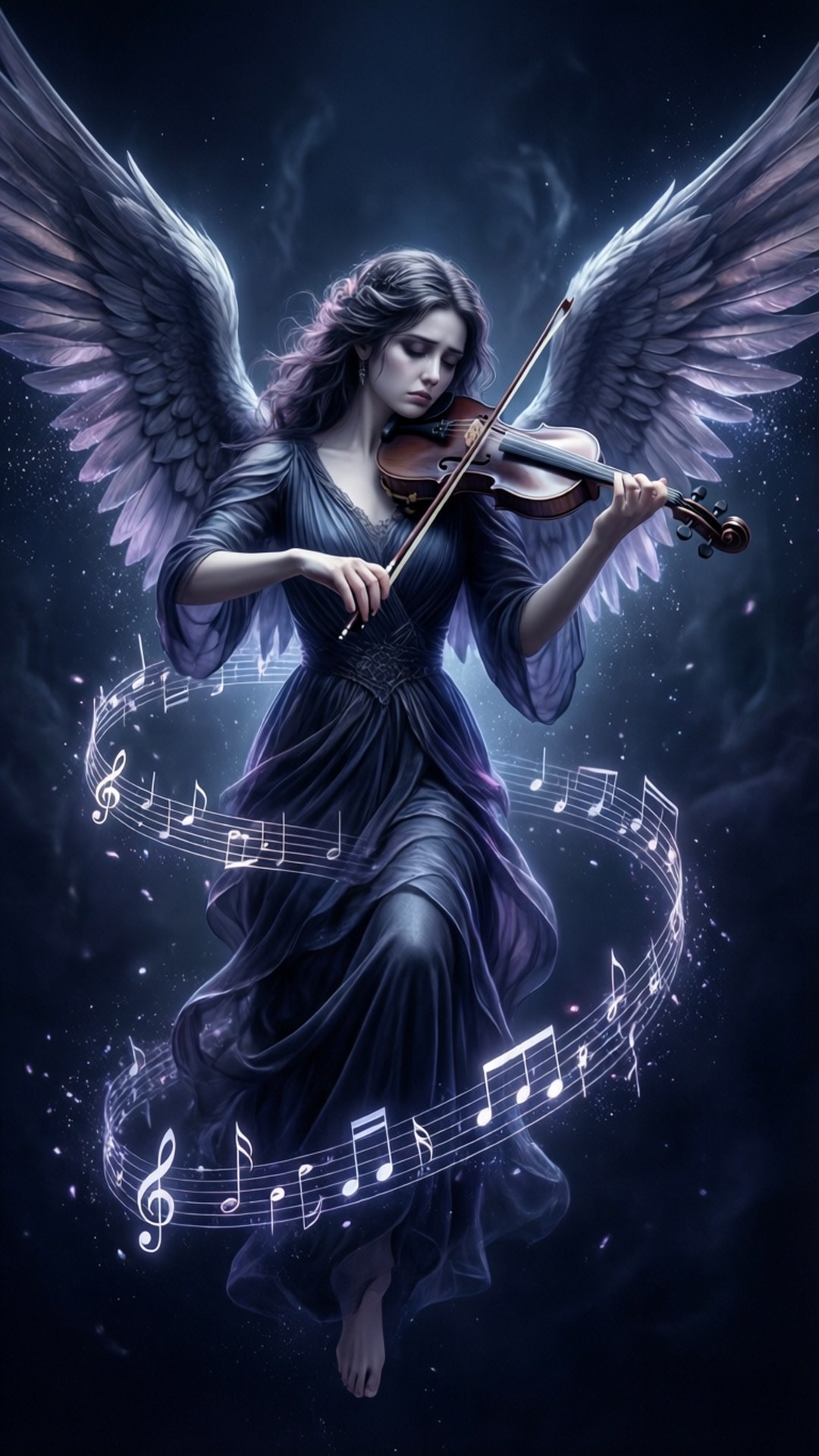Melody of Shadows 壁紙 — 一位擁有黑色翅膀的天使在星空虛空中拉小提琴，發光的音符在她周圍旋轉。