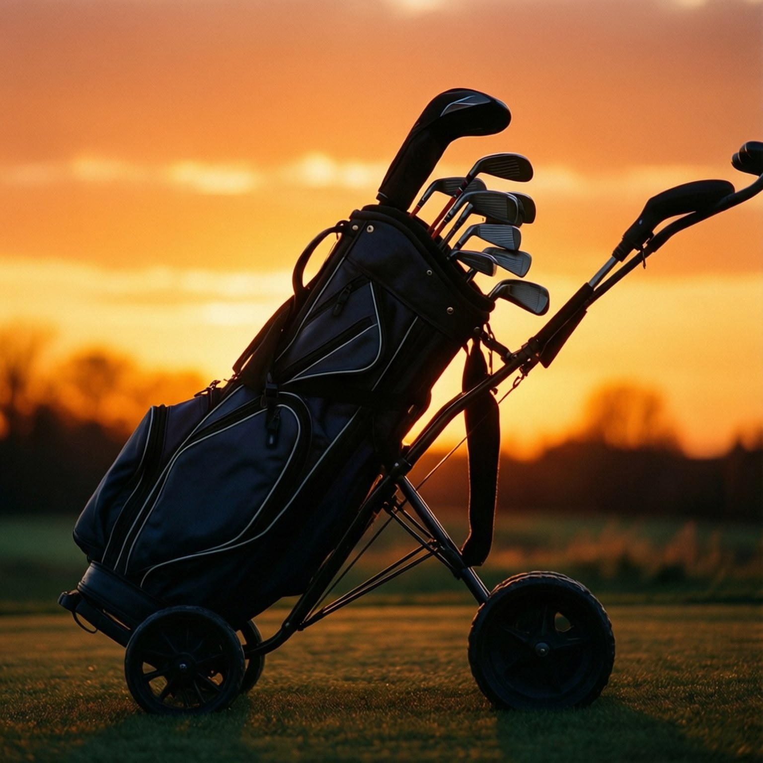 Clubs at Dusk 壁紙 — 一個裝滿球桿的黑色高爾夫球袋放在球車上，背景是溫暖的橙色日落天空。