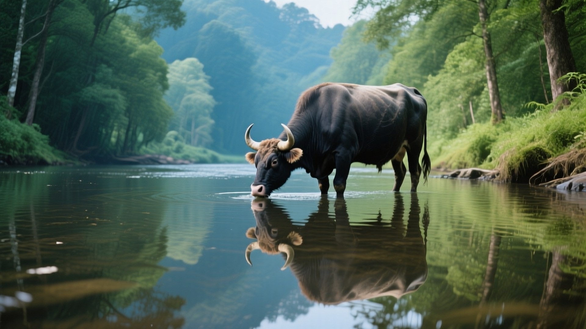 Ox Drinking 壁紙 — 一頭黑色公牛彎曲牛角，在平靜的河邊飲水，周圍是茂密的綠色森林。
