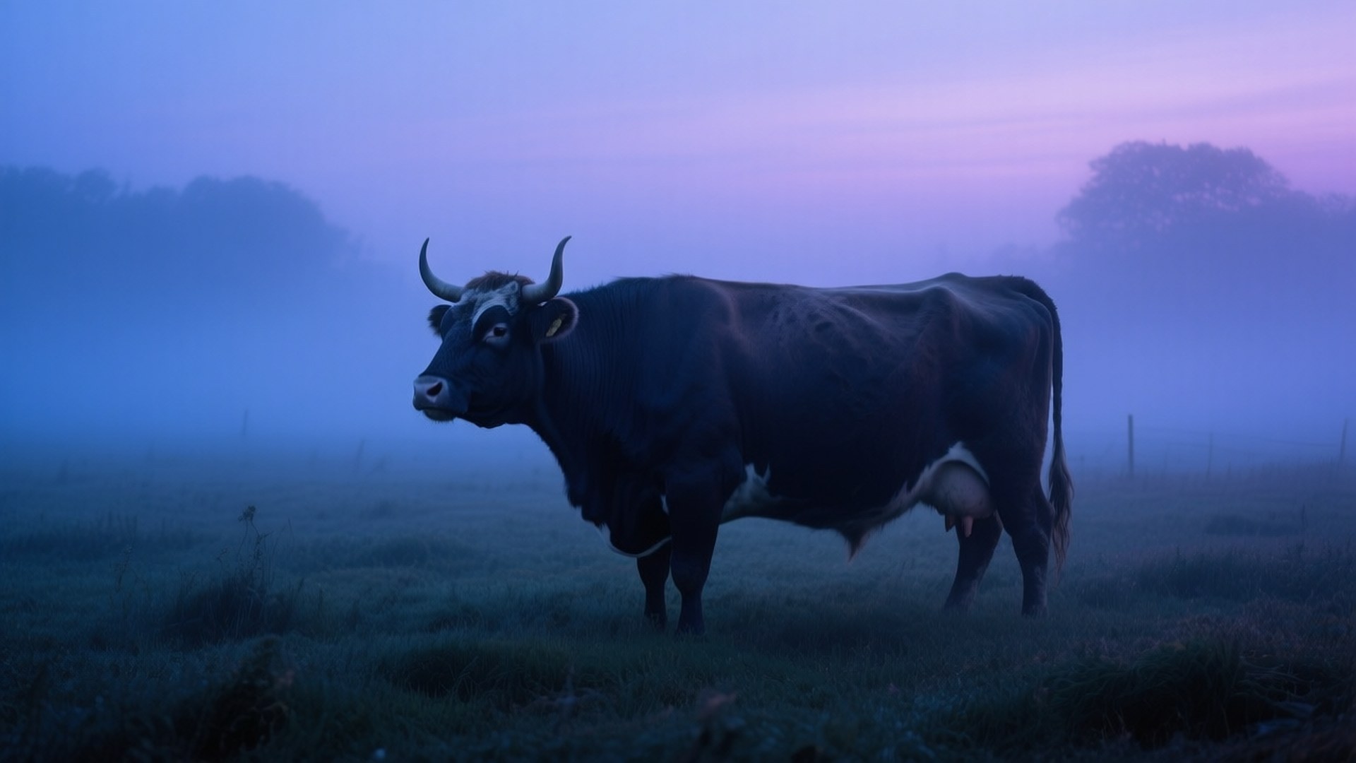 Twilight Ox 壁紙 — 一頭黑色公牛，彎曲的角，站在黎明時分霧氣瀰漫的田野中，天空呈現紫色和藍色。