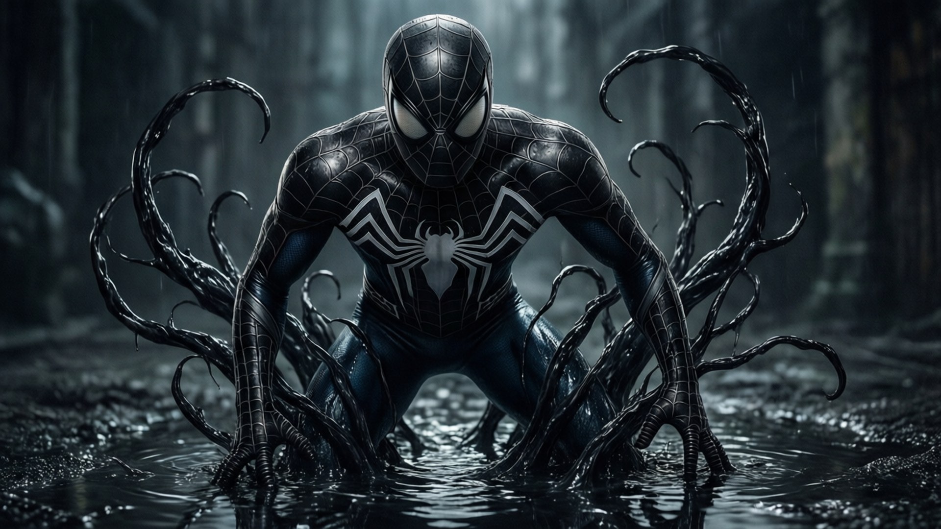 Symbiote Pool 壁紙 — 一個威脅性的黑色共生體蜘蛛人蹲在泥濘的水中，扭曲的觸手從他的背部伸出，在一條黑暗的雨巷中。