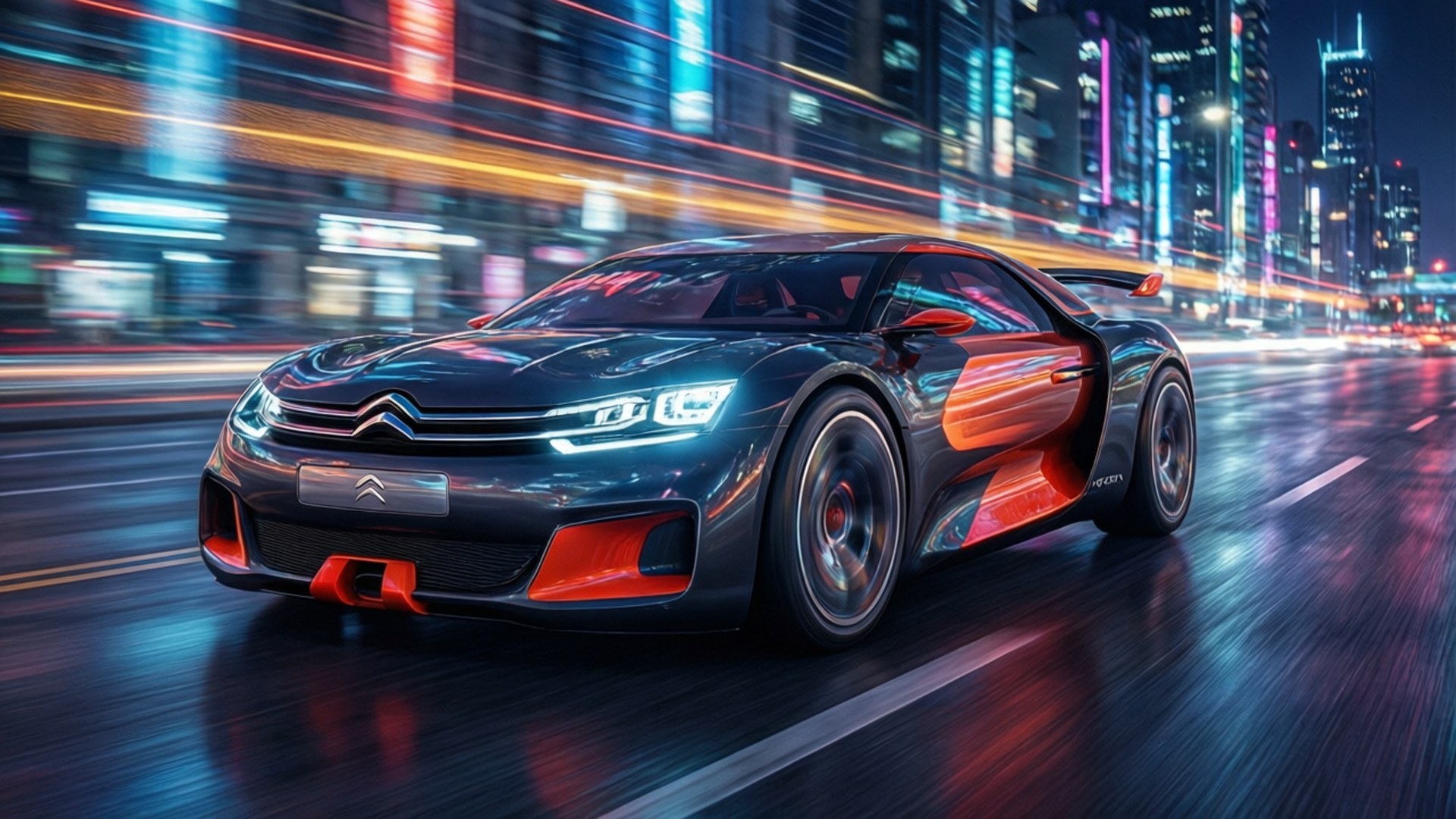 Neon Citroen GT Night Run 壁紙 — 一輛時尚的黑色和橙色雪鐵龍跑車在夜間穿過霓虹燈閃爍的城市，帶有動態模糊條紋。