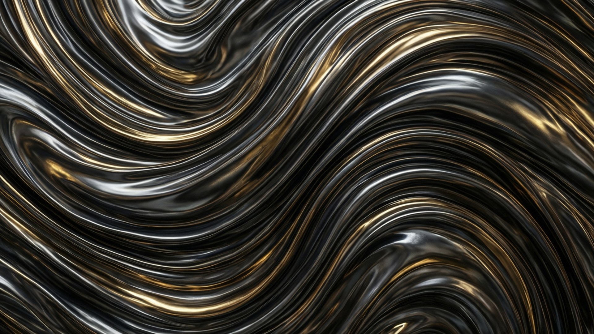 黑色和金色的抽象金屬波浪，帶有光澤高光和深色陰影 — 3440X1440 壁紙