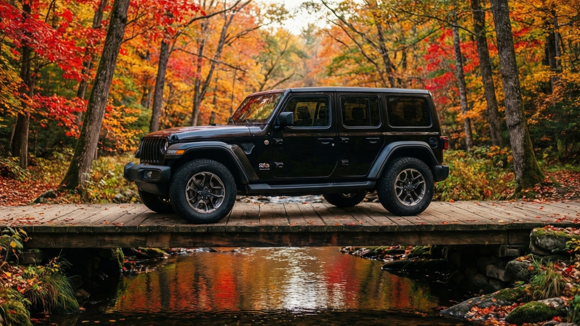 Autumn Bridge Jeep 壁紙 — 一輛黑色Jeep Wrangler停在溪流上的木橋上，周圍是充滿活力的秋葉。