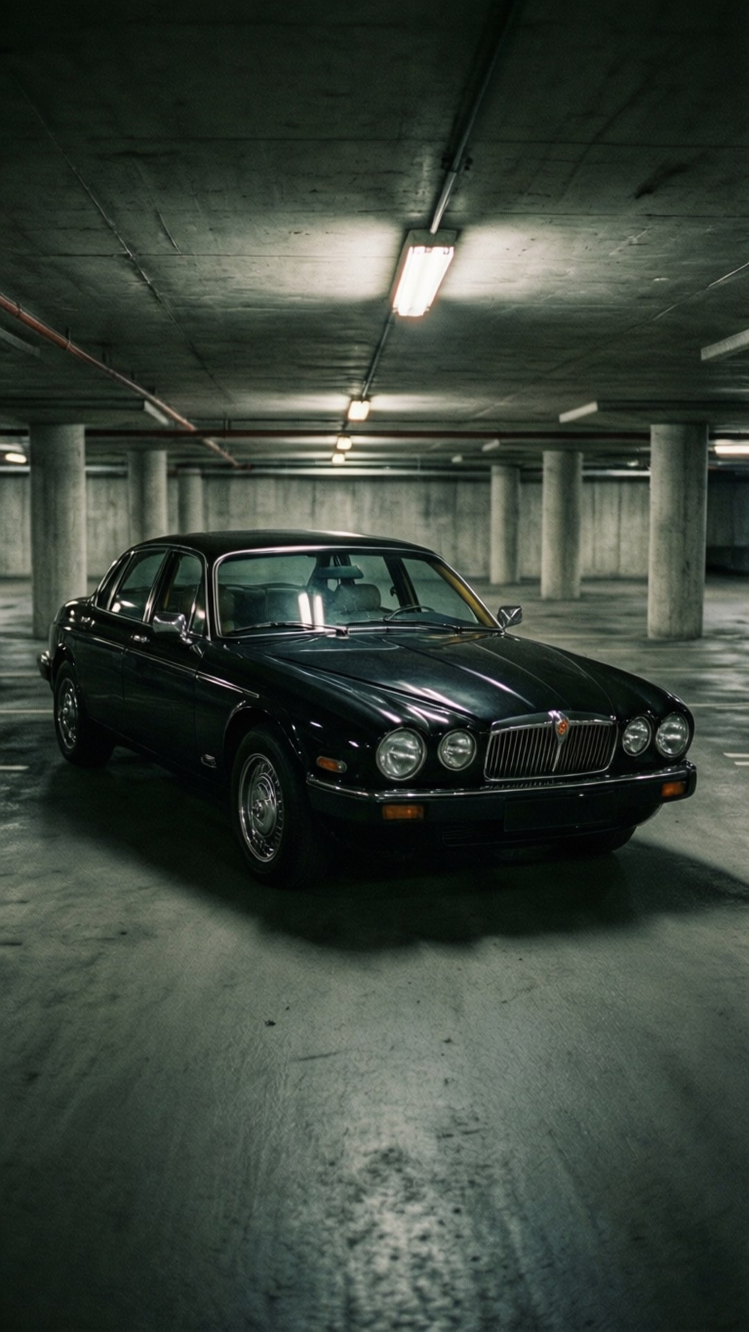 Jaguar Mark 2 桌布 壁紙 — 一輛時尚的黑色捷豹轎車在光禿禿的混凝土地下停車場中，在刺眼的螢光燈下閃閃發光。