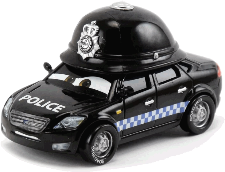 黑色警車玩具，頂部有警察頭盔和卡通眼睛。 — 迪士尼汽車總動員 壁紙