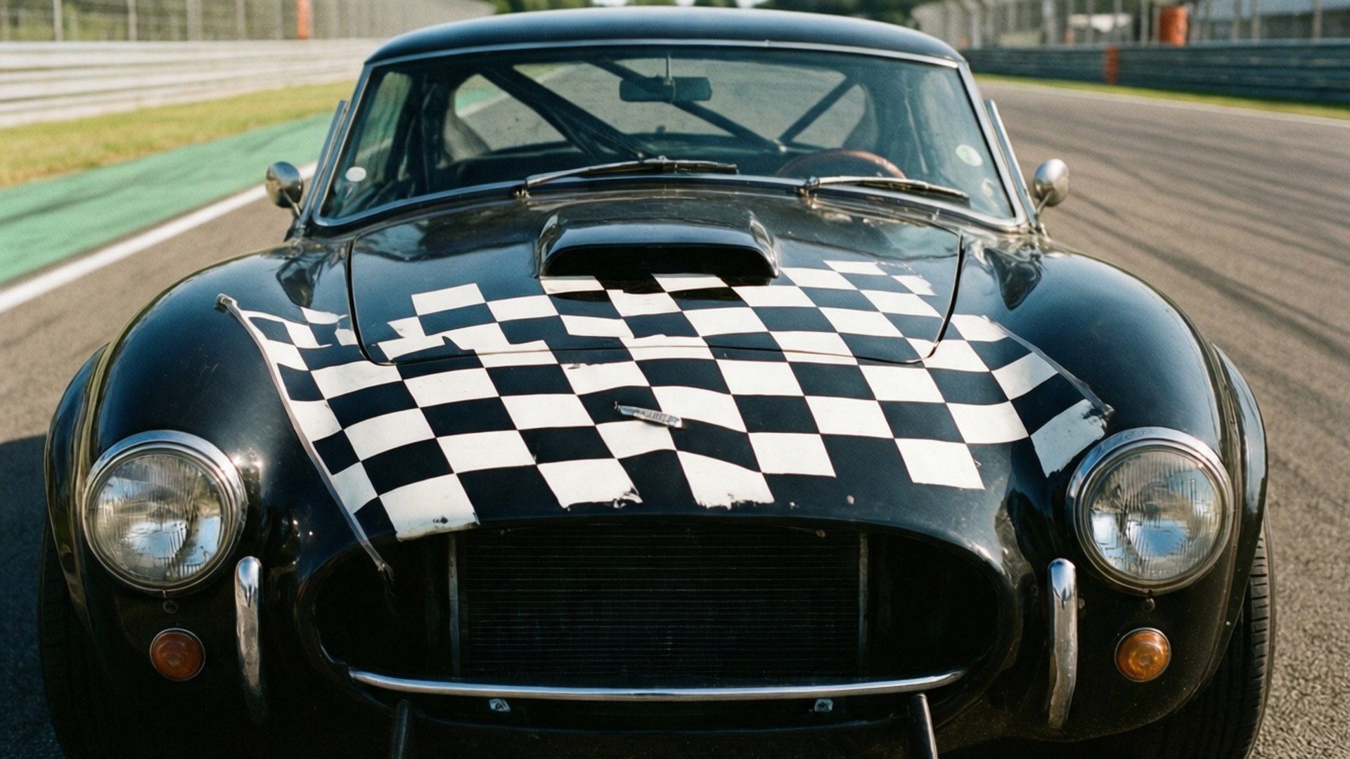 Checkered Race Car 壁紙 — 一輛黑色經典賽車，引擎蓋上有方格旗貼紙，停在賽道上。
