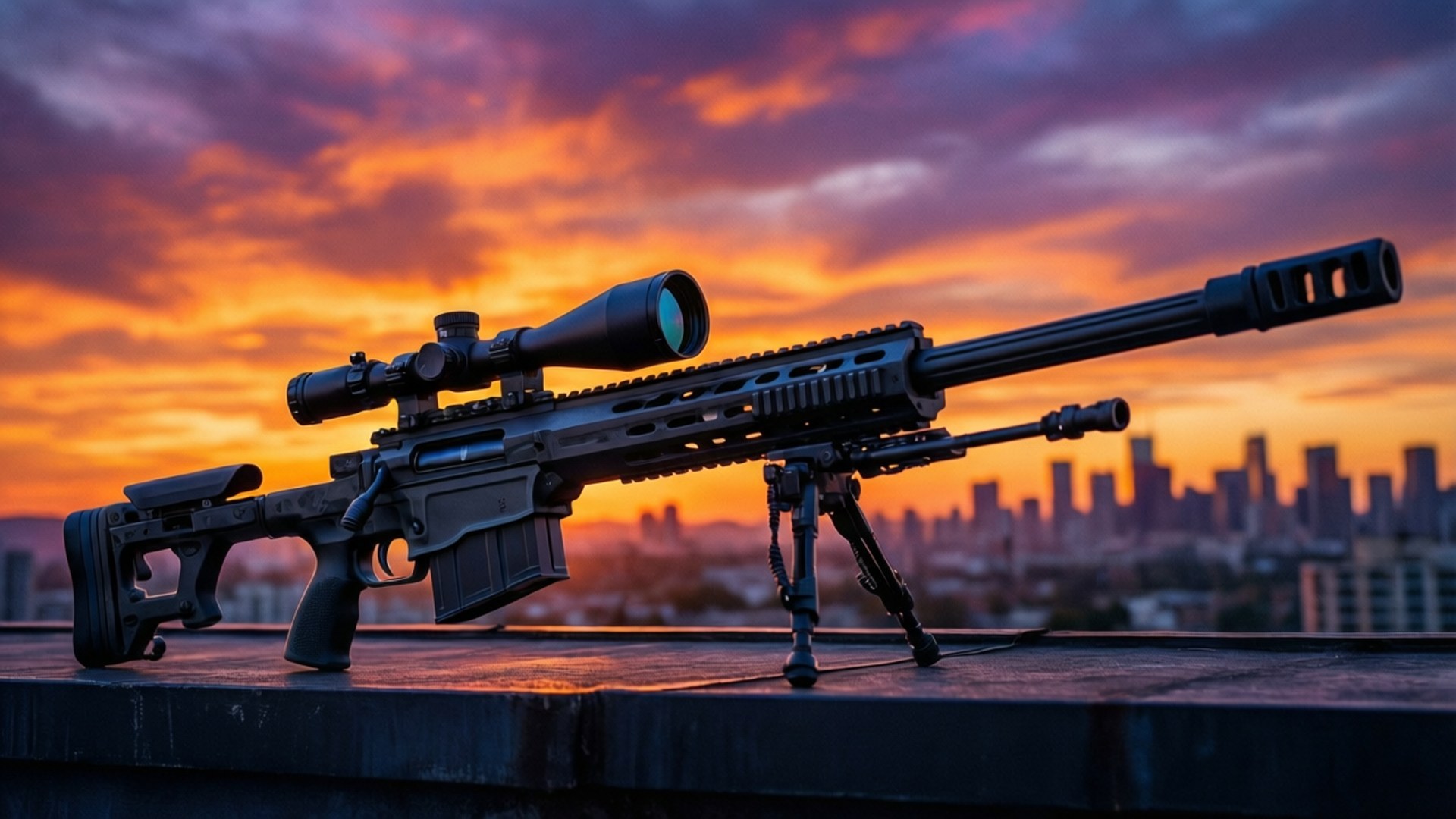Sniper at Sunset 壁紙 — 一支帶瞄準鏡和兩腳架的黑色狙擊步槍擱在屋頂邊緣，背景是充滿活力的橙紫色日落天空和遠處的城市天際線。