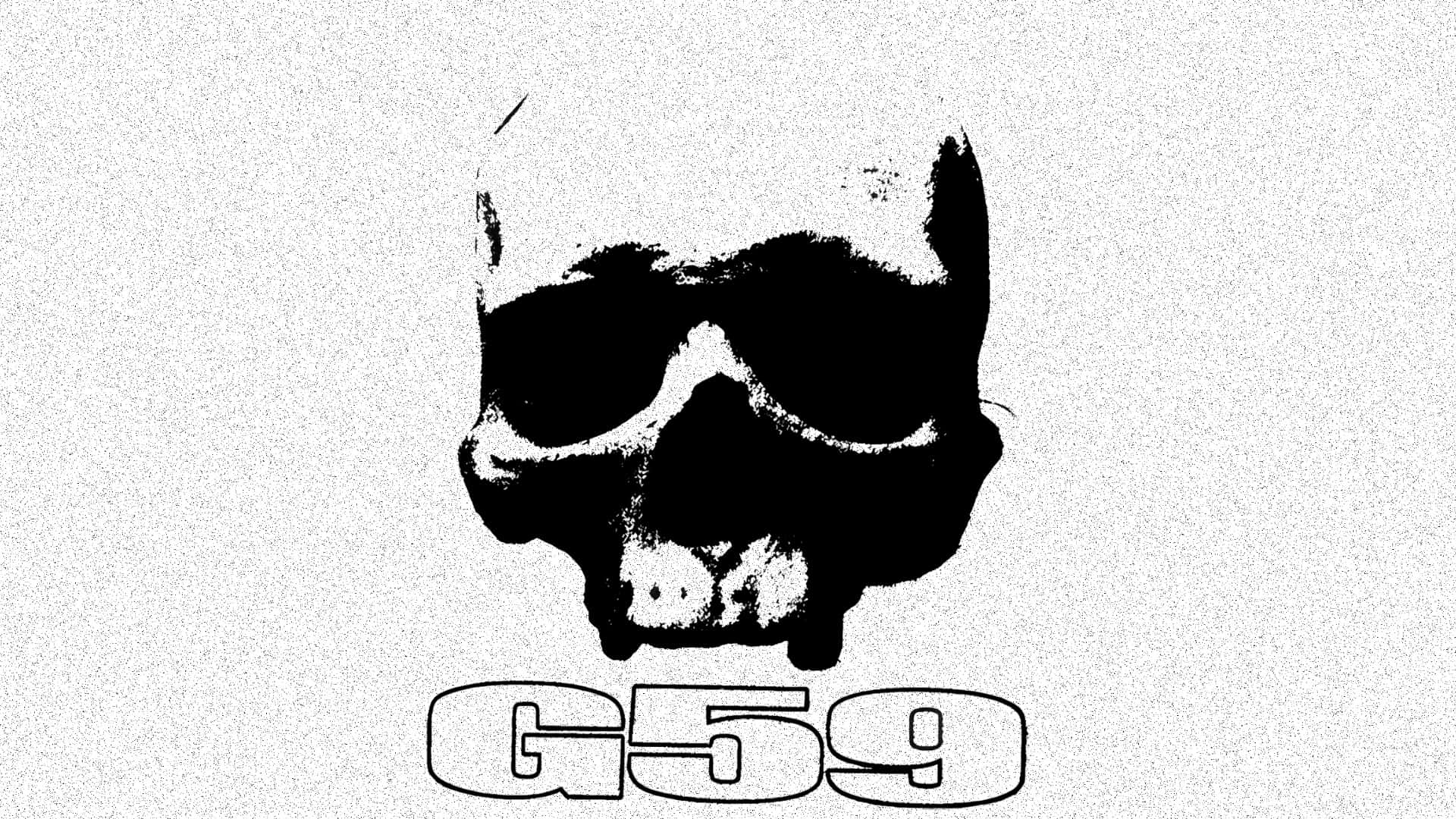  壁紙 — 一個鮮明的黑色骷髏圖案，帶有醒目太陽眼鏡，下方有 'G59' 文字，背景為粗糙白色。