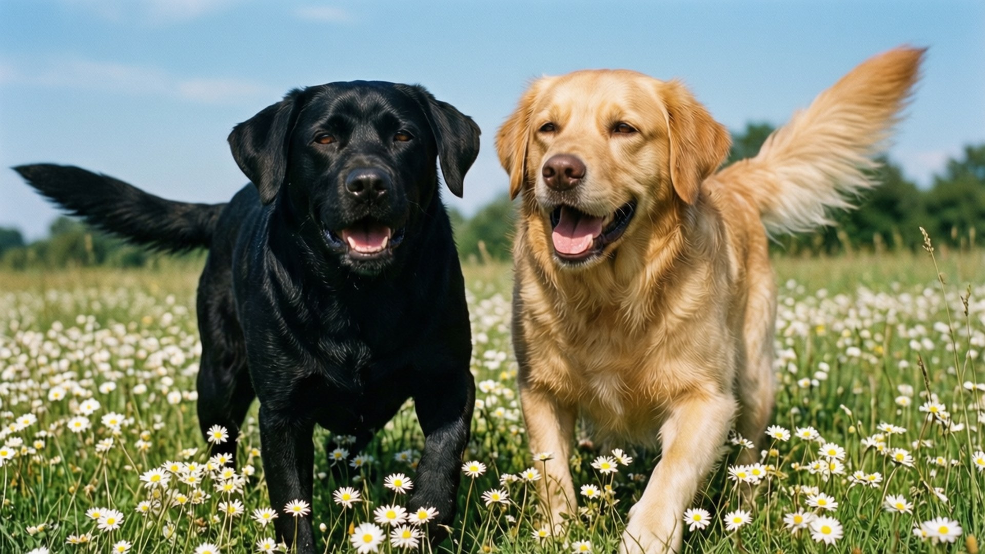 Dog Besties in Field 壁紙 — 一隻黑色拉布拉多和一隻黃金獵犬在晴朗藍天下，快樂地奔跑在陽光普照的白色雛菊田野中。