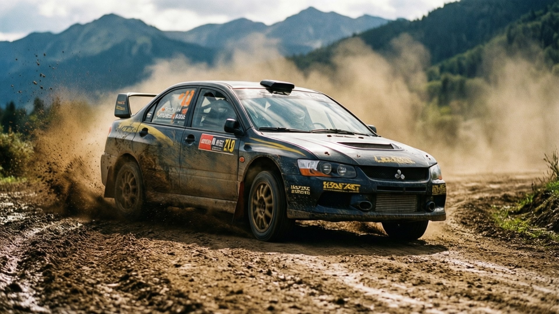 Dirt Track Drift 壁紙 — 一輛黑色拉力賽車在泥濘的林間小徑上疾馳，揚起泥巴和灰塵，背景是山脈。