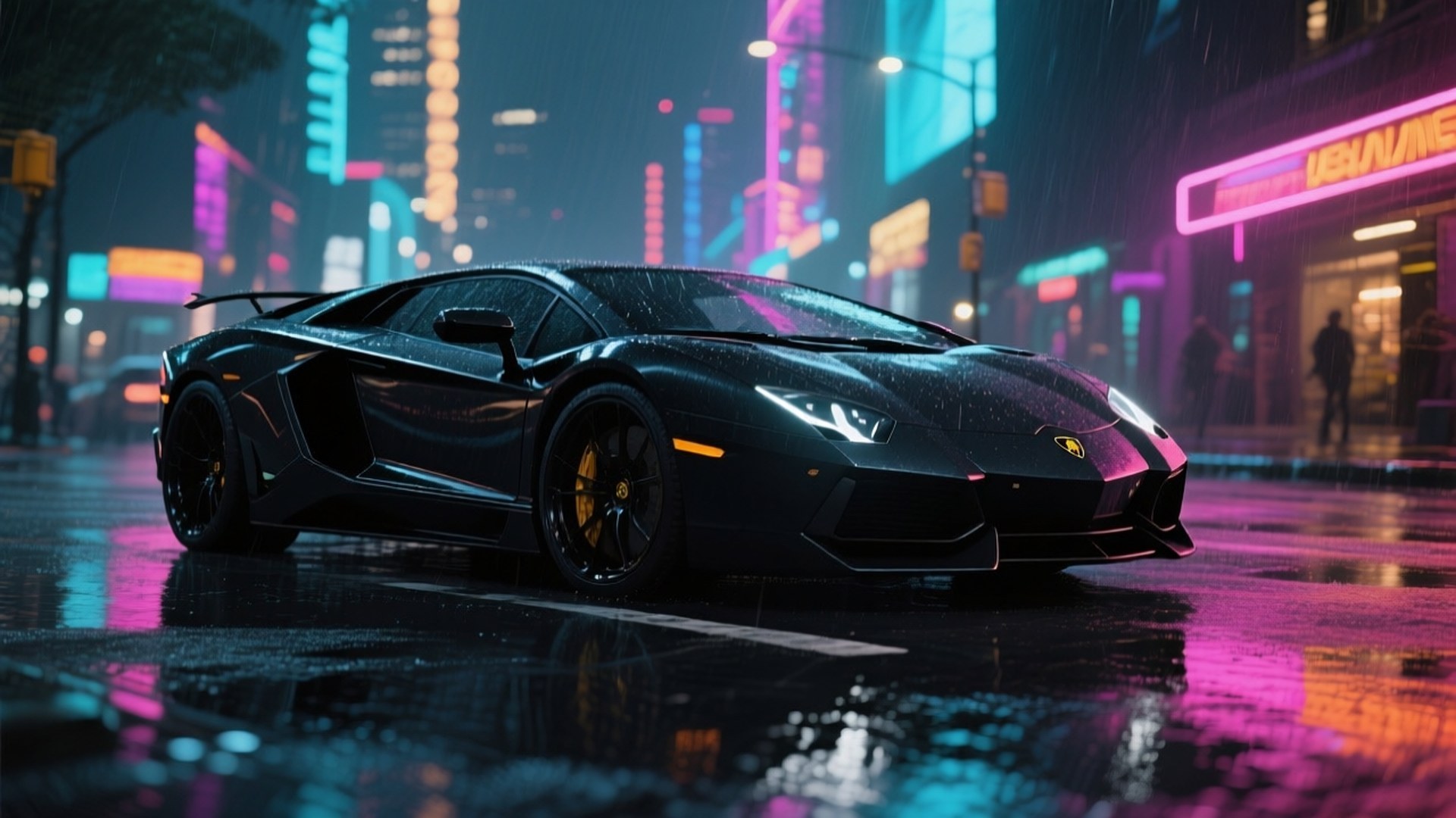 Neon Night Fury 壁紙 — 一輛時尚的黑色藍寶堅尼Aventador在雨濕的城市街道上，在霓虹燈下閃閃發光。