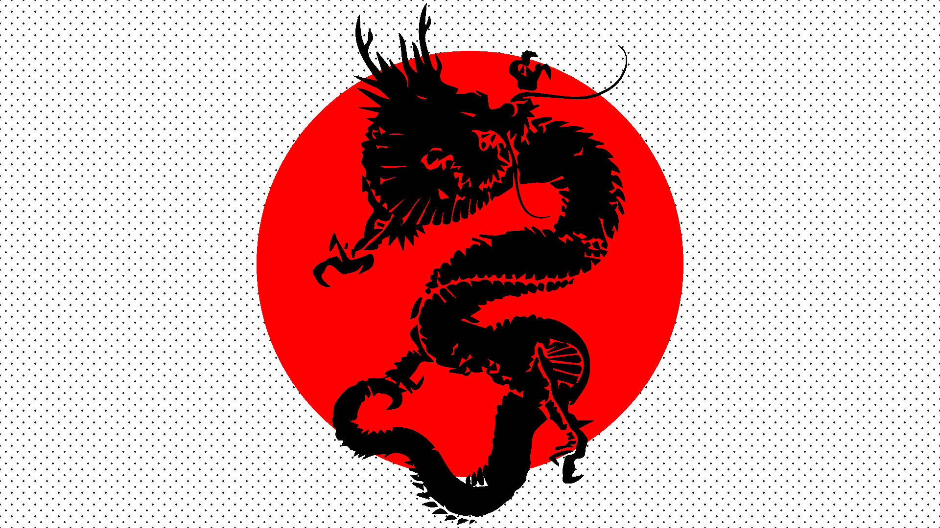 白色圓點背景上紅色圓圈內的黑色龍剪影 — 日式龍 PC 壁紙