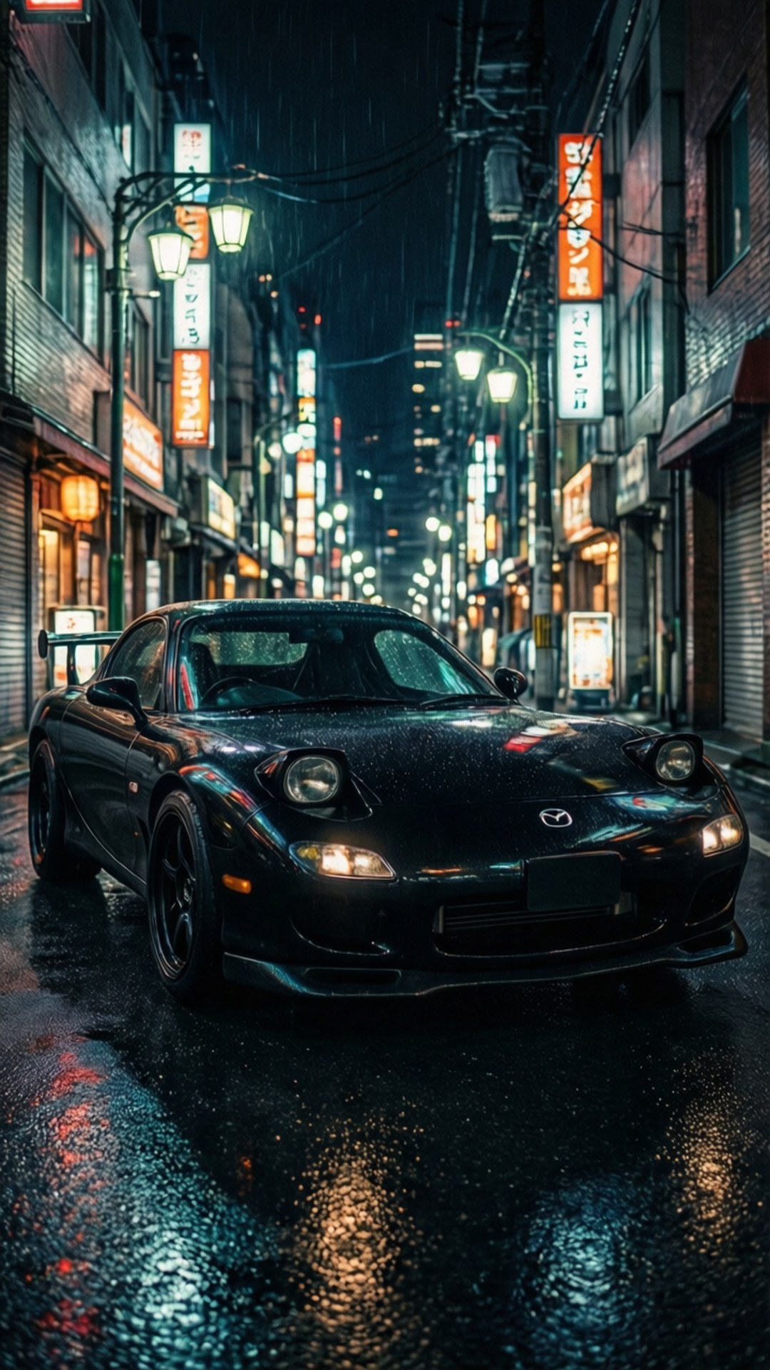Neon RX-7 Night 壁紙 — 一輛時尚的黑色馬自達RX-7跑車在夜晚穿過濕漉漉的霓虹燈小巷，反射出充滿活力的城市燈光。