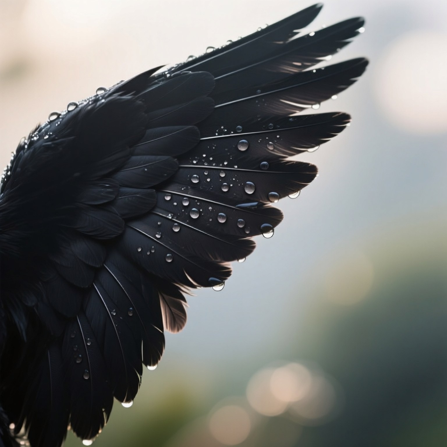 Dew Drops on Black Wing 壁紙 — 一隻黑色鳥類翅膀的特寫，帶有閃爍的水滴，背景柔和模糊。
