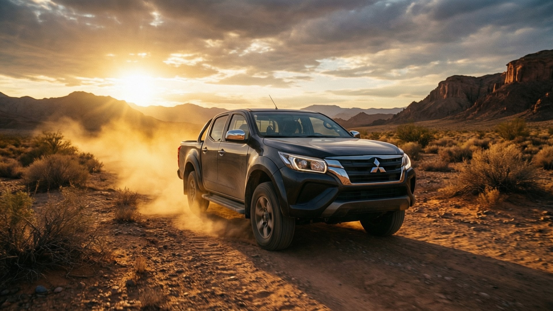 Mitsubishi Triton 桌布 壁紙 — 一輛黑色皮卡車在金色日落時分駛過崎嶇的沙漠景觀，揚起塵土。