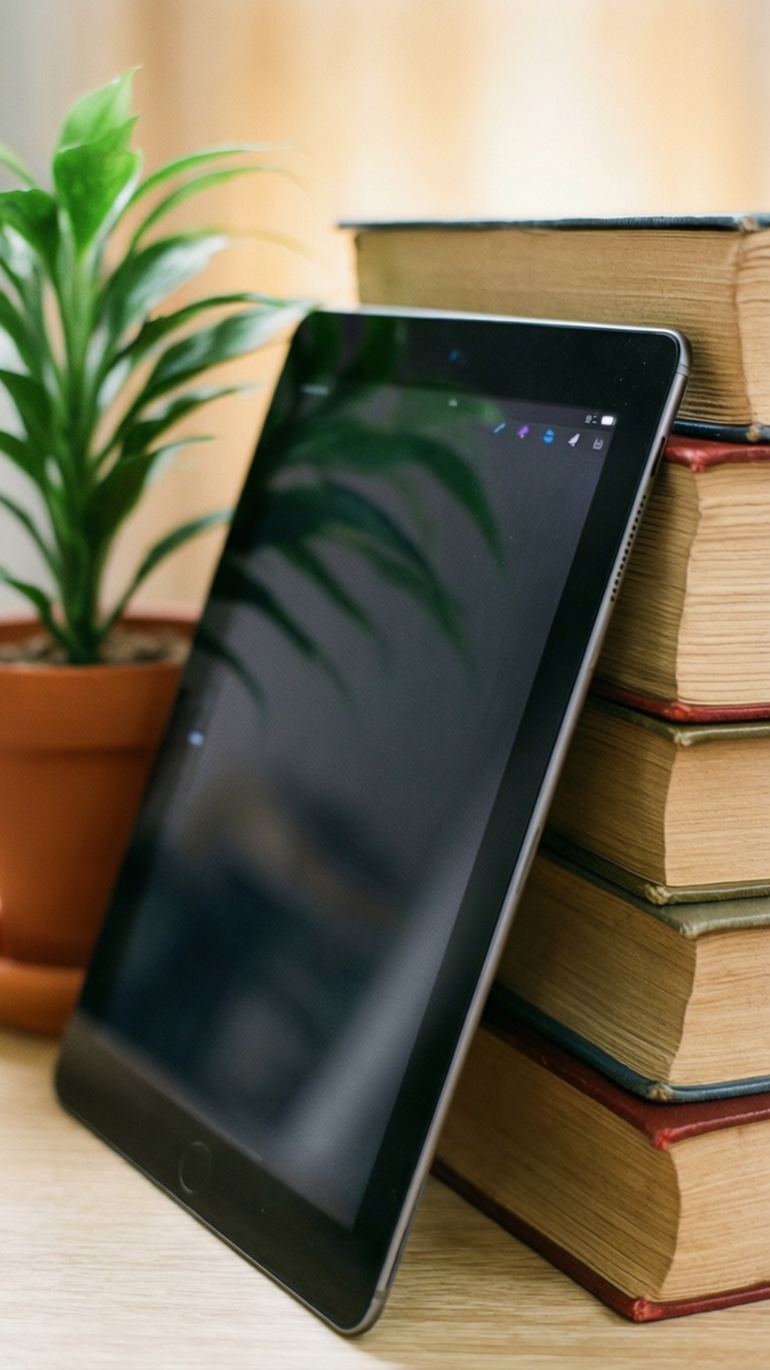 Study Stack Tablet 壁紙 — 一部黑色平板電腦靠在一堆復古書籍旁邊，旁邊有一盆盆栽植物在木質表面上。