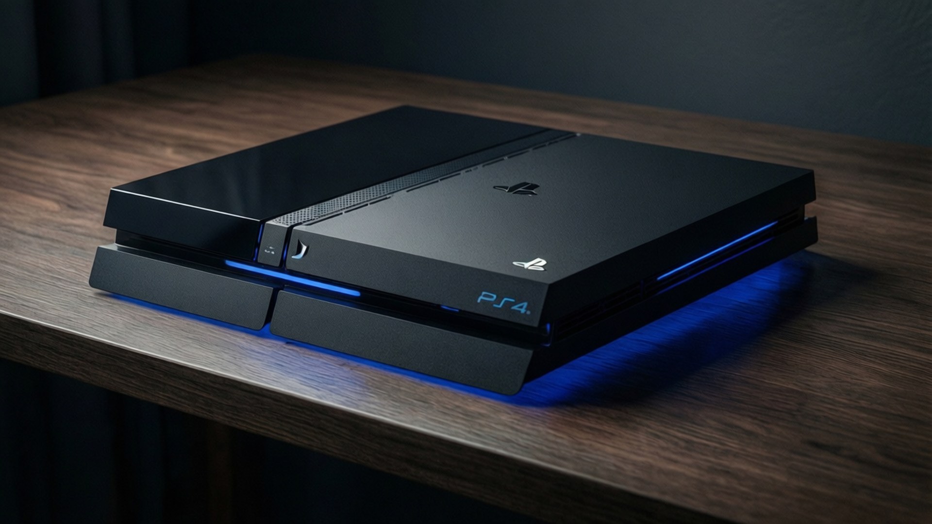 PS4 Console Neon Glow 壁紙 — 一台時尚的黑色 PlayStation 4 主機在昏暗房間的深色木桌上發出藍色 LED 燈光。