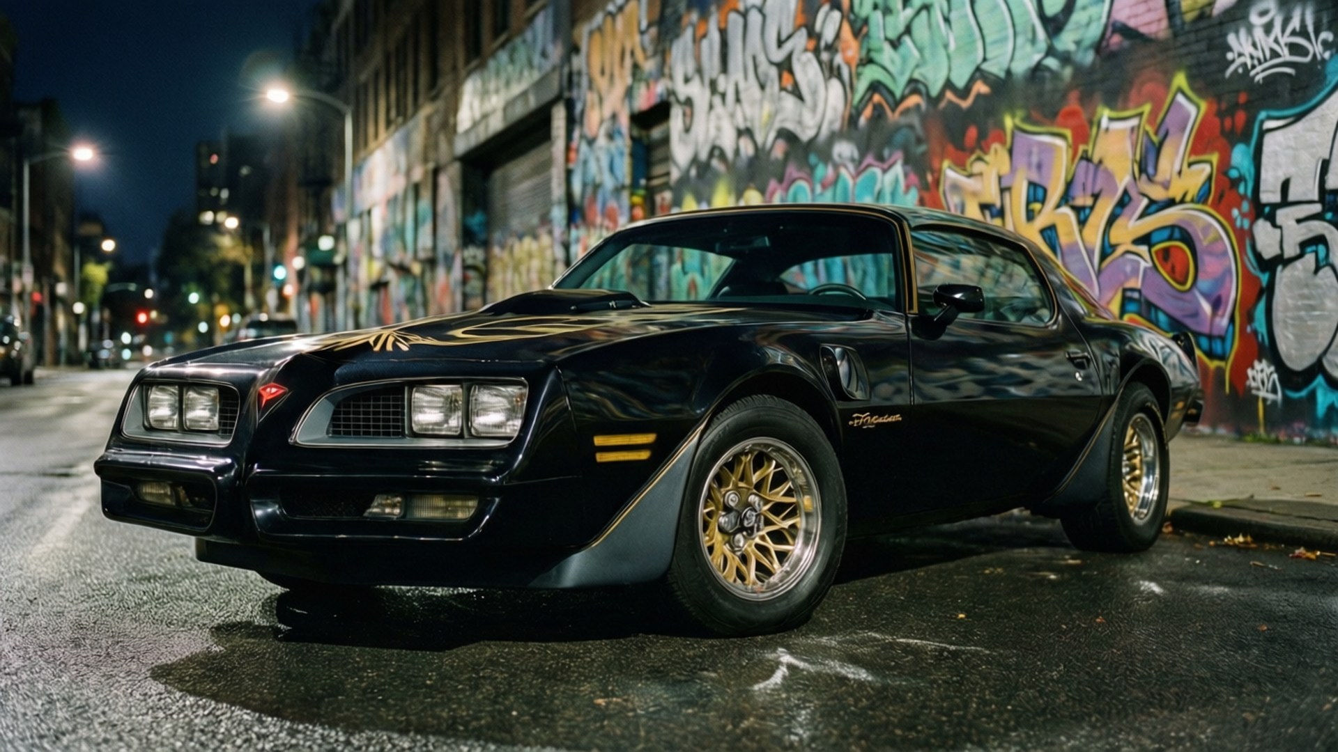 Street Art Firebird 壁紙 — 一輛黑色龐蒂亞克火鳥配金色輪圈，夜晚停在潮濕的城市街道上，旁邊是充滿活力的塗鴉牆。