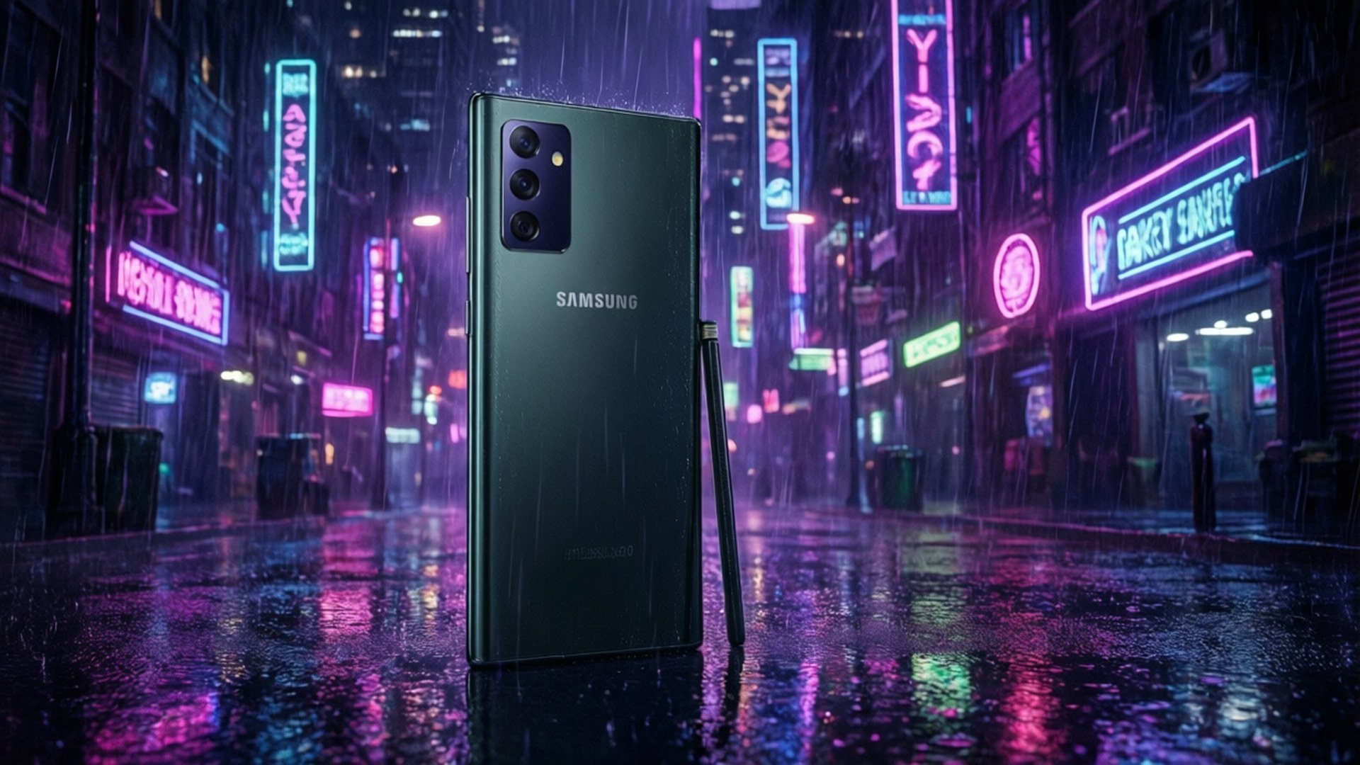 Neon City Note 10 壁紙 — 一部時尚的黑色Samsung智慧型手機直立於雨濕的霓虹燈城市街道上，反射出鮮豔的紫色和粉紅色燈光。