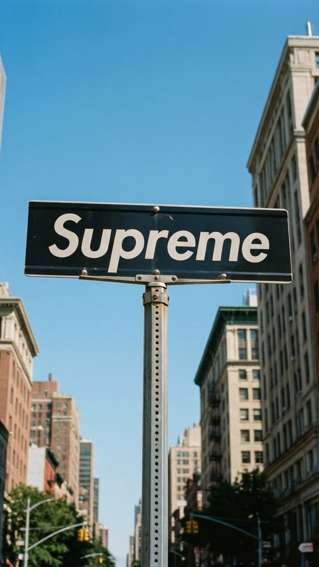 Supreme Street Sign 壁紙 — 一個黑色Supreme街牌，白色粗體字，矗立在晴朗的藍天下，兩旁是高樓大廈。