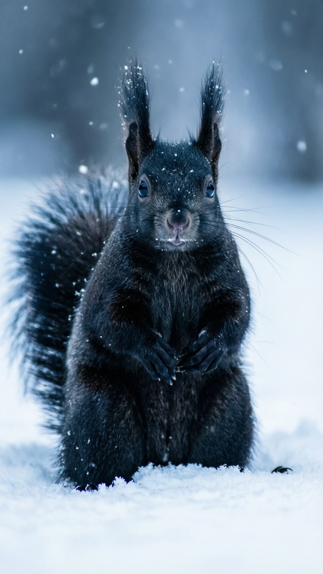 Curious in the Snow 壁紙 — 一隻黑色松鼠，有著明亮的藍色眼睛，在飄落的雪中警覺地站著，背景是模糊的冬日景色。