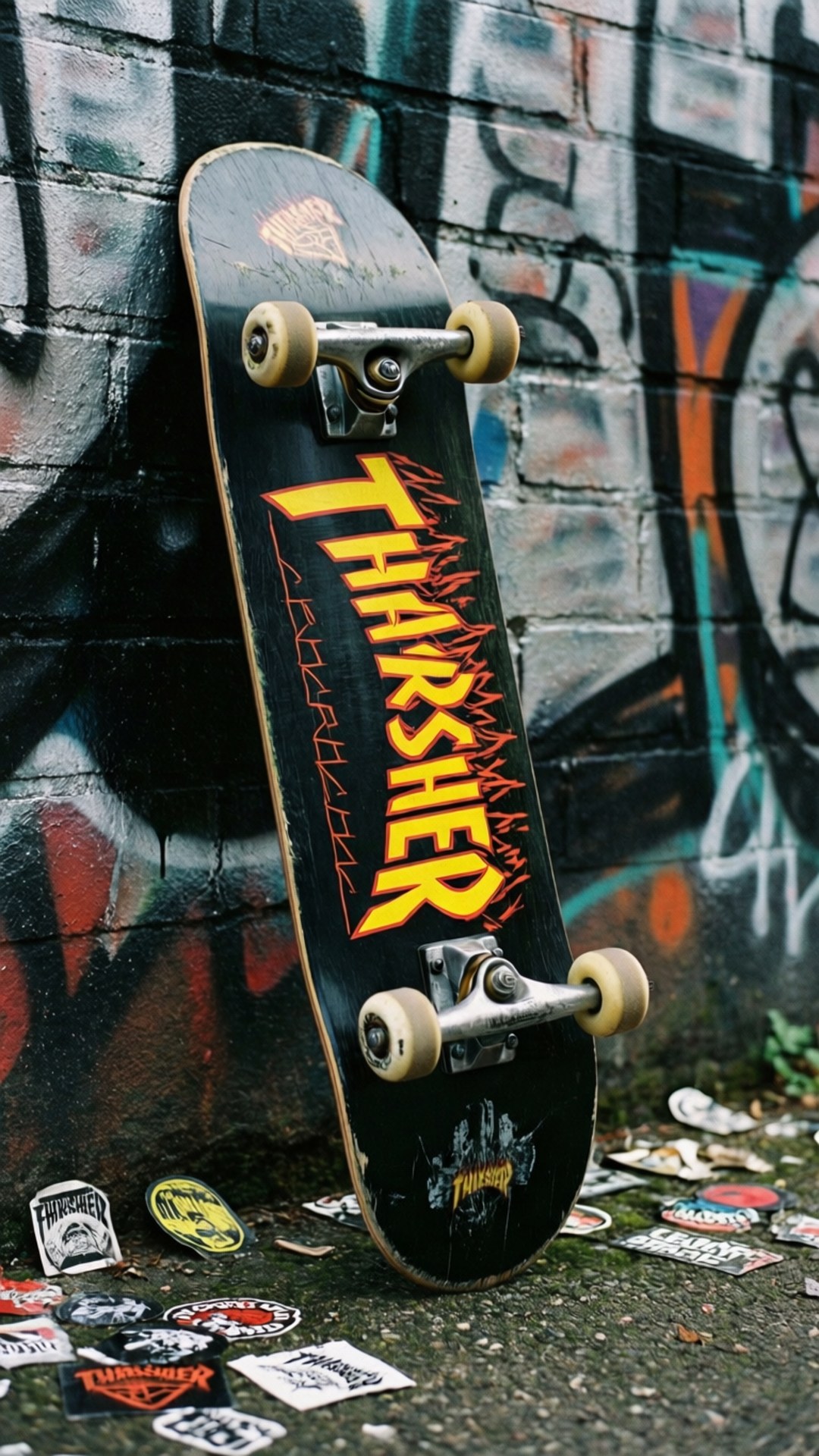 Thrasher Deck Graffiti 壁紙 — 一塊帶有黃色火焰標誌的黑色Thrasher滑板靠在一幅佈滿塗鴉的磚牆上，周圍散落著貼紙。