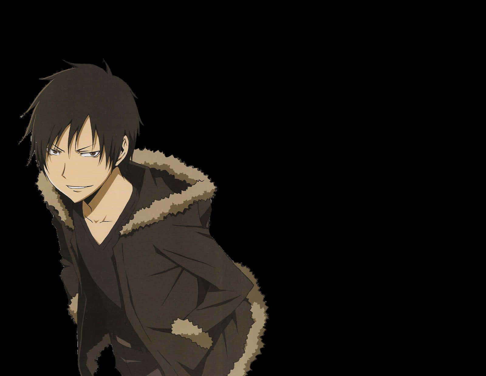Izaya Orihara 桌布 壁紙 — 黑色頭髮、露出冷笑的動漫角色，穿著棕色毛領外套，背景為黑色。