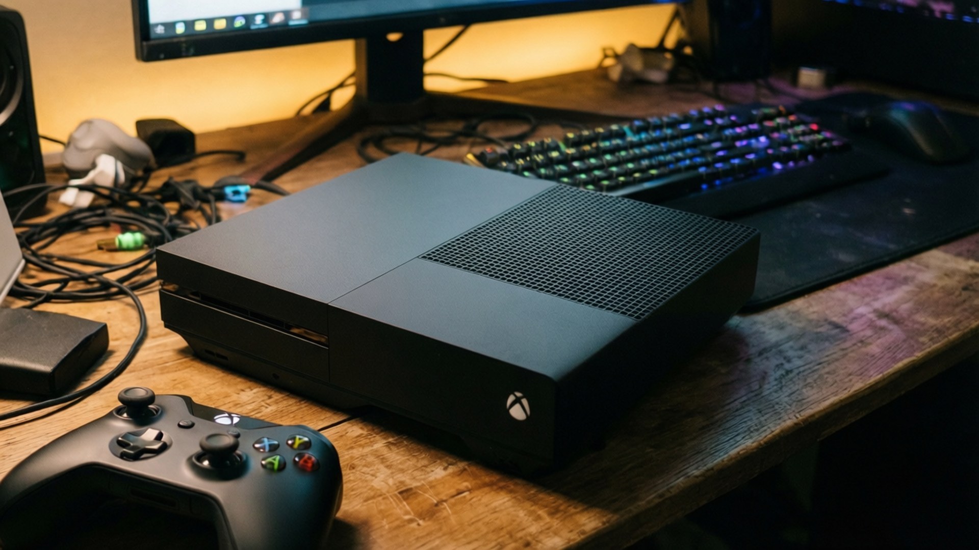 Cozy Xbox One Setup 壁紙 — 一台黑色Xbox One主機放在木桌上，旁邊有手把、發光RGB鍵盤和顯示器，處於昏暗的遊戲設置中。