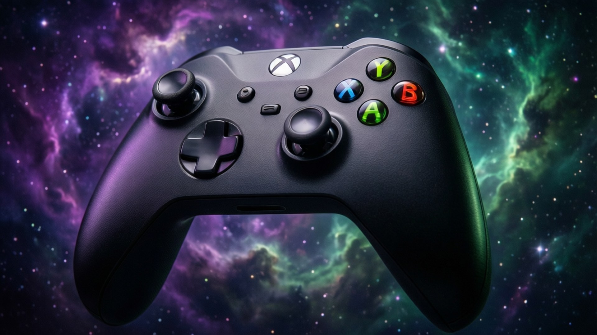 Cosmic Controller Nebula 壁紙 — 一個黑色Xbox手把漂浮在充滿活力的宇宙星雲前，帶有紫色、綠色和星光的色調。