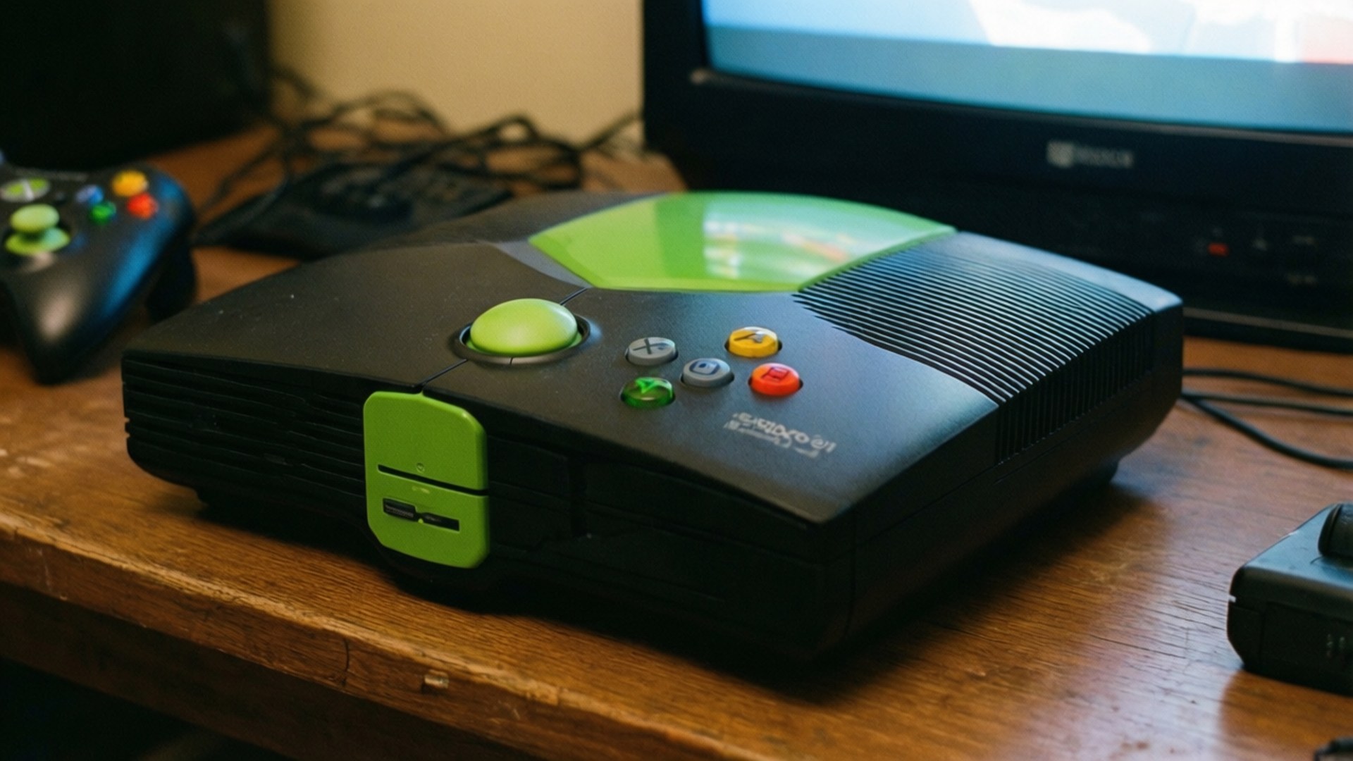 Retro Original Xbox 壁紙 — 一台黑色Xbox主機帶有亮綠色點綴，放在木桌上，旁邊有CRT顯示器和控制器。