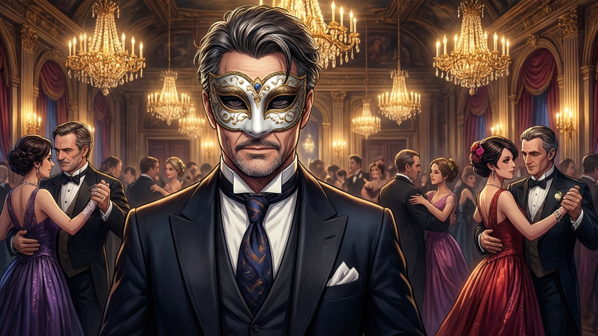 Masquerade Ball Albert 壁紙 — 一名身穿黑色西裝、戴著華麗白色面具的男子站在豪華舞廳中央，舞廳內滿是跳舞的男女，上方懸掛著閃爍的水晶吊燈。