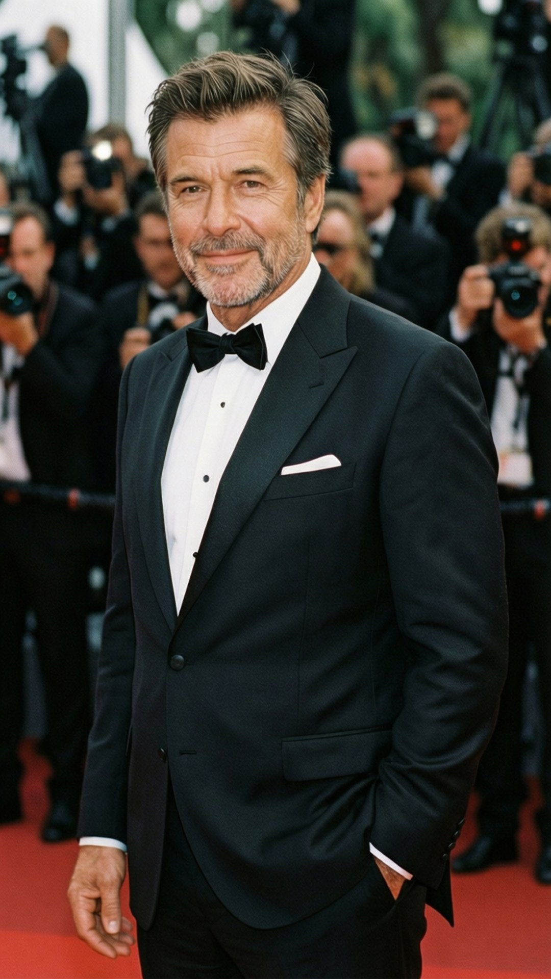 Red Carpet Glamour 壁紙 — 一位高貴的男士身穿黑色燕尾服配蝴蝶結，自信地站在紅地毯上，周圍是攝影師。